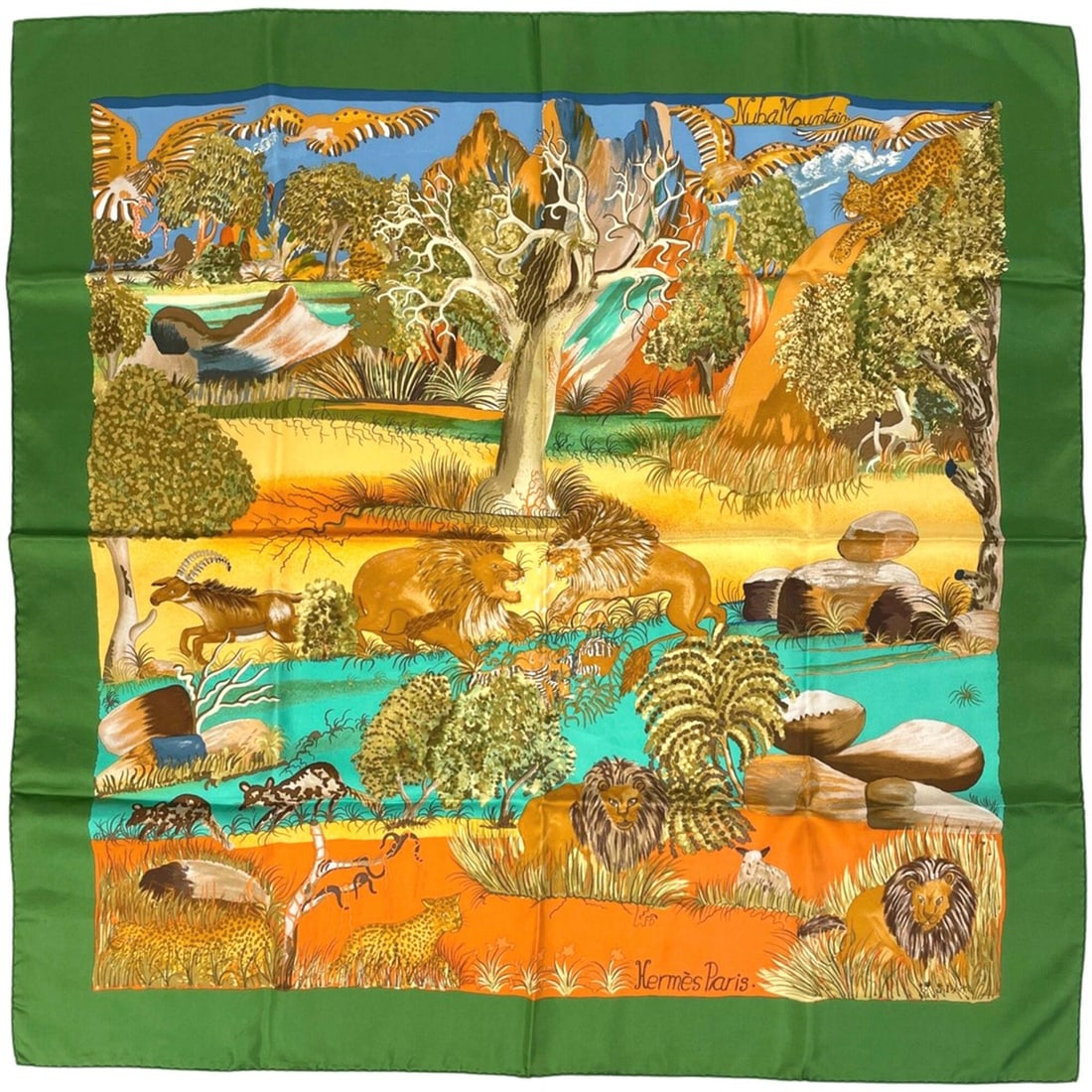 Hermes Carre 90 Nuba Mountain Scarf/Muffler, Silk, Green/Orange Multicolor, Women's: --- Catalog ---Category: SizeSize (LxW): 88cm x 88cm / 34.64'' x 34.64''Category: DesignType: ScarfColor: Green, Multi-color, OrangeGender: WomenMaterial: Silk Category: GeneralBrand: Hermes--- Item L
