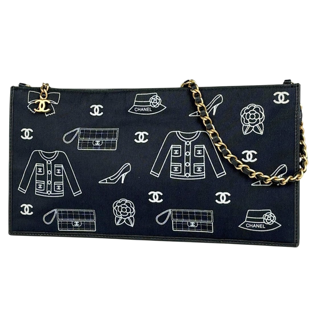 Chanel Coco Mark Chain Shoulder Bag Pouch Icon Print Canvas Black Women's: --- Catalog ---Category: SizeSize (HxWxD): 14cm x 27cm x 5.00mm / 5.51'' x 10.62'' x 0.19''Category: DesignType: Shoulder bagColor: BlackGender: WomenMaterial: Canvas , Leather Category: GeneralBrand: