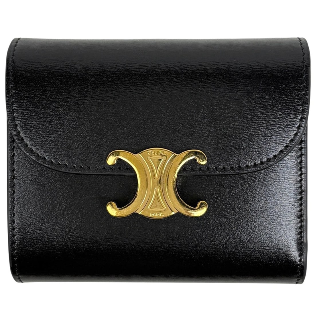 Celine Triomphe Tri-fold Wallet, Leather, Black, Women's: --- Catalog ---Category: SizeSize (HxWxD): 9cm x 10.5cm x 2.5cm / 3.54'' x 4.13'' x 0.98''Category: DesignType: Wallet (tri-fold)Color: BlackGender: WomenMaterial: Leather Category: GeneralBrand: Celi