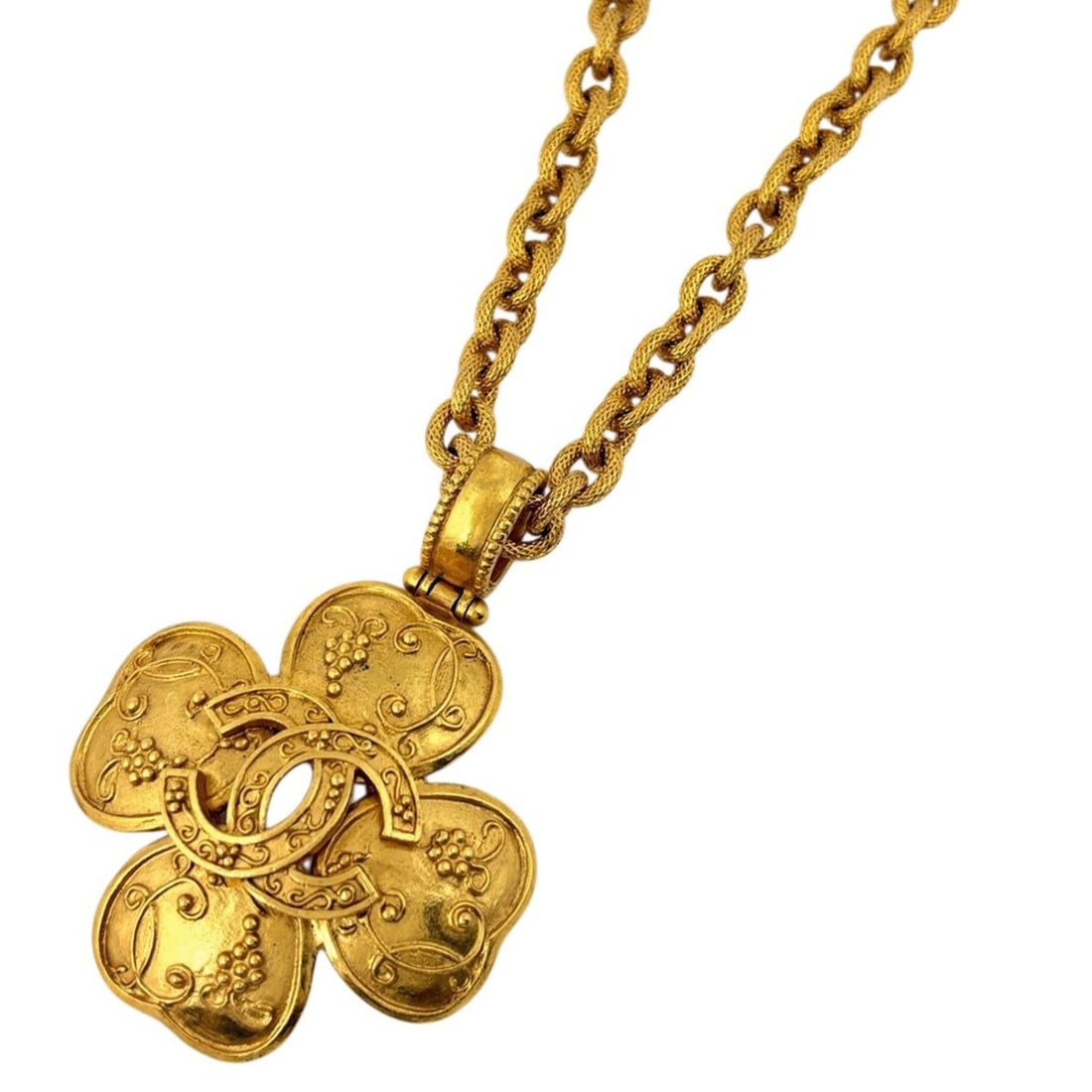 Chanel Coco Mark Clover Necklace GP Gold Women's: --- Catalog ---Category: SizePendant Size: 45mm x 65mm / 1.77'' x 2.55''Neck Circumference: 47.5 cm / 18.7''Category: DesignColor: GoldGender: WomenNecklace Type: NecklaceCategory: GeneralBrand: Chane