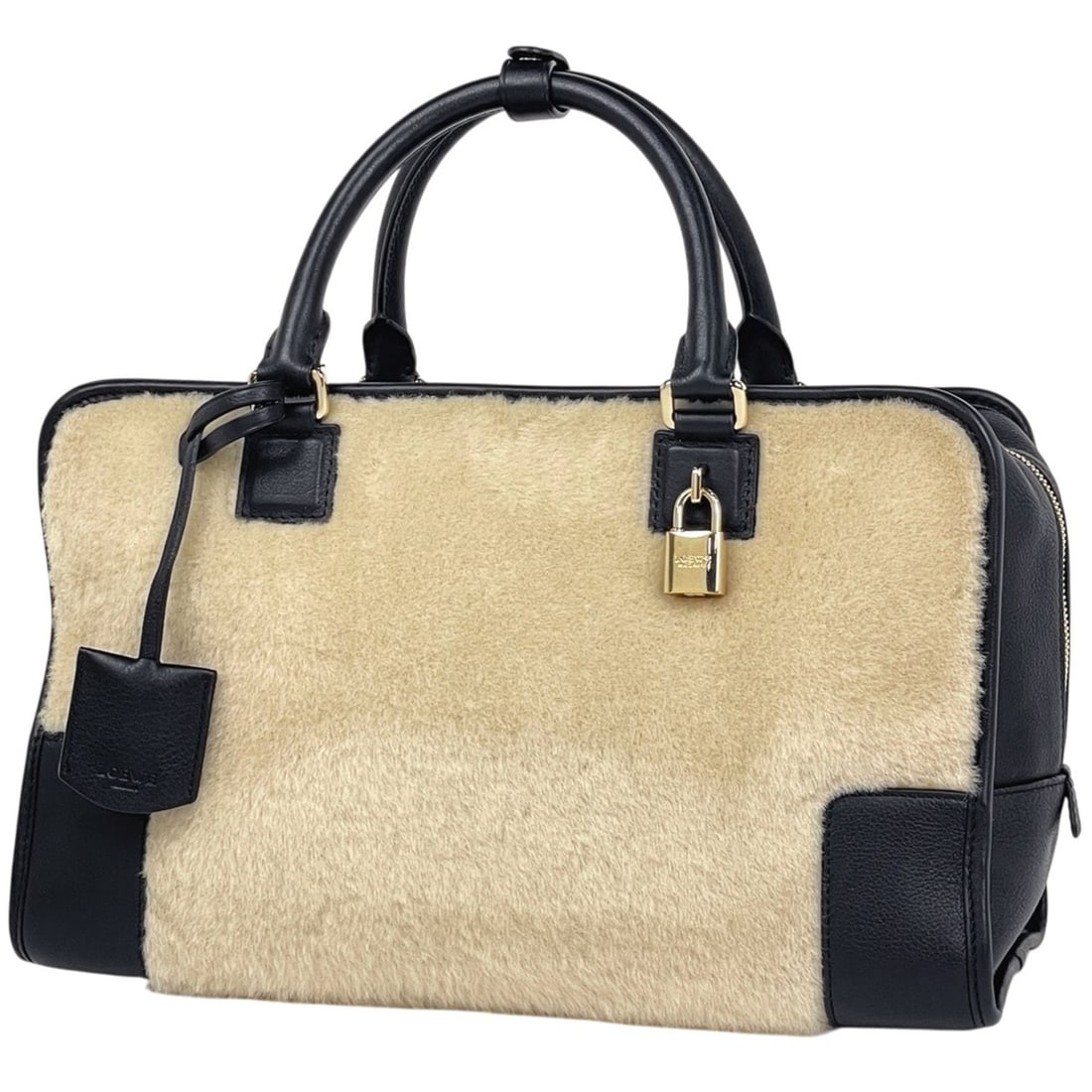 Loewe Amazona 36 Handbag, Leather, Black/Ivory, Women's: --- Catalog ---Category: SizeSize (HxWxD): 21cm x 36cm x 15cm / 8.26'' x 14.17'' x 5.9''Category: DesignType: HandbagColor: Black, IvoryGender: WomenMaterial: Leather Leather/Fur Type: Faux furCategor