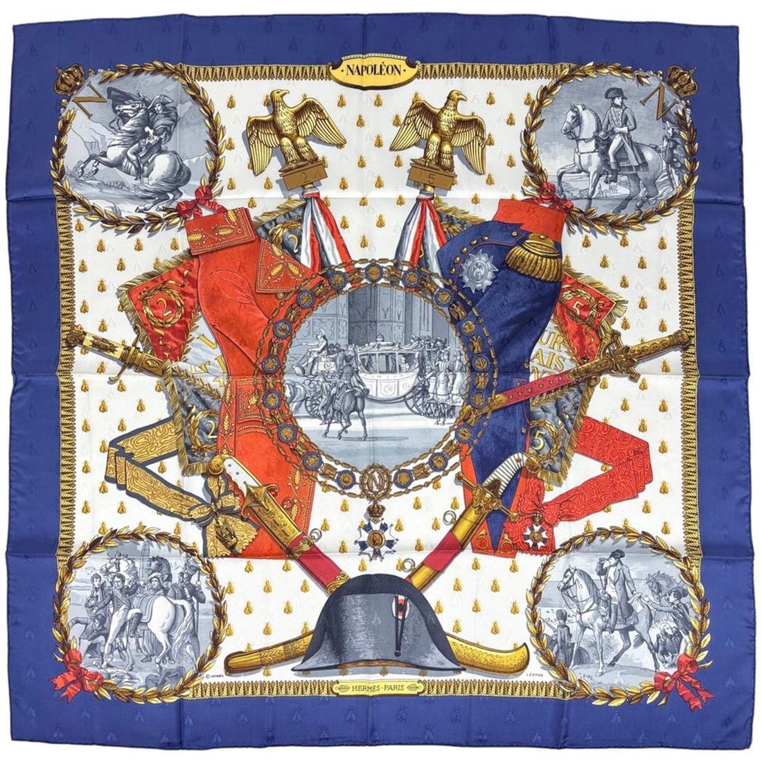 Hermes Carre 90 Napoleon Scarf/Muffler, Silk, Navy, Red, Multicolor, Women's: --- Catalog ---Category: SizeSize (LxW): 88cm x 87cm / 34.64'' x 34.25''Category: DesignType: ScarfColor: Multi-color, Navy, Red colorGender: WomenMaterial: Silk Category: GeneralBrand: Hermes--- Item