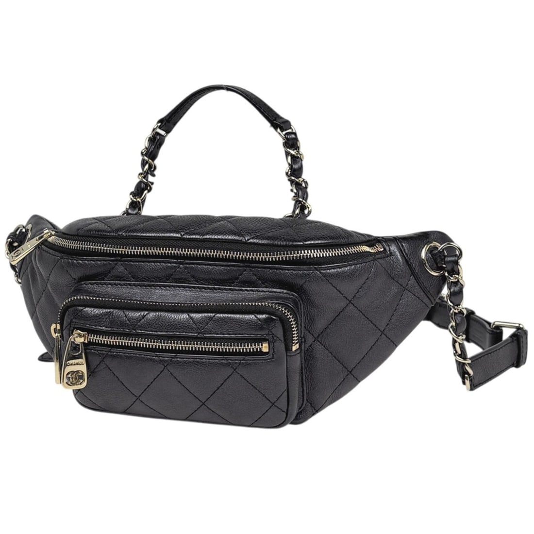 Chanel Coco Mark Body Bag Matelassé Waist Caviar Leather Black Women's: --- Catalog ---Category: SizeSize (HxWxD): 12cm x 30cm x 6cm / 4.72'' x 11.81'' x 2.36''Category: DesignType: Sling bagColor: BlackGender: WomenMaterial: Grained Calfskin Category: GeneralBrand: Chane