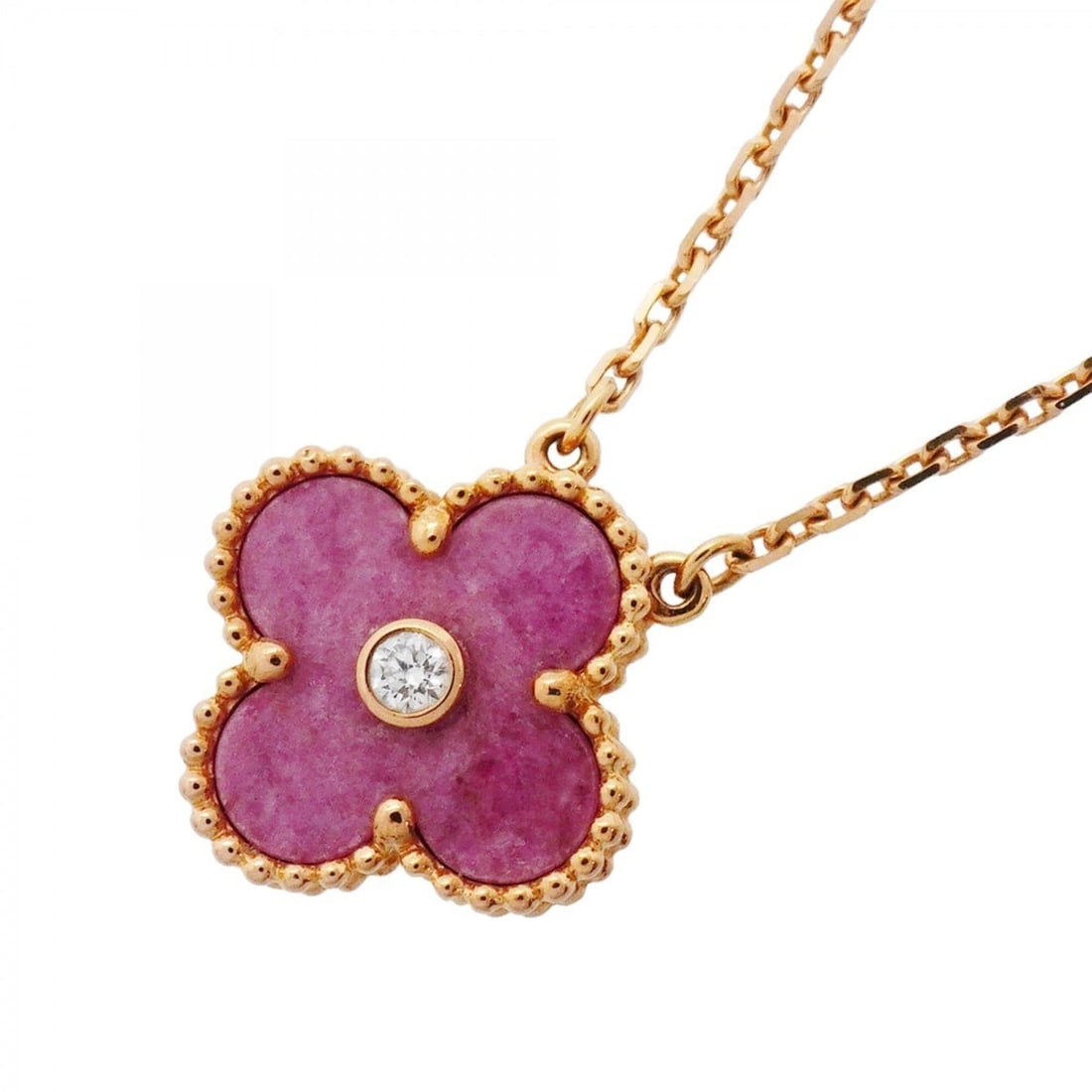 Van Cleef & Arpels Alhambra Necklace, 1PD (One Diamond), 18K Pink Gold, Diamond, Rhodonite, Women's: --- Catalog ---Category: SizePendant Size: 15.2mm x 14.5mm / 0.59'' x 0.57''Neck Circumference: 37 cm - 41.5 cm / 14.56'' - 16.33''Category: DesignColor: PinkStone: Diamond, RhodoniteGender: WomenMate