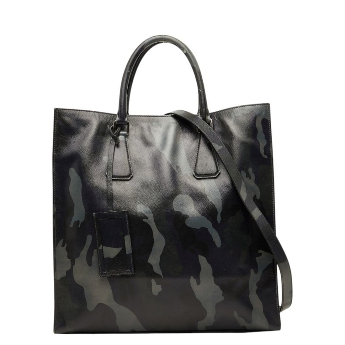Prada Triangle Logo Plate Camouflage Handbag/Shoulder Bag 2-Way Gray Purple Black Leather Women's: --- Catalog ---Category: SizeSize (HxWxD): 37cm x 36cm x 10.5cm / 14.56'' x 14.17'' x 4.13''Category: DesignType: Handbag, Shoulder bagColor: Black, Gray, PurpleGender: WomenMaterial: Leather Category
