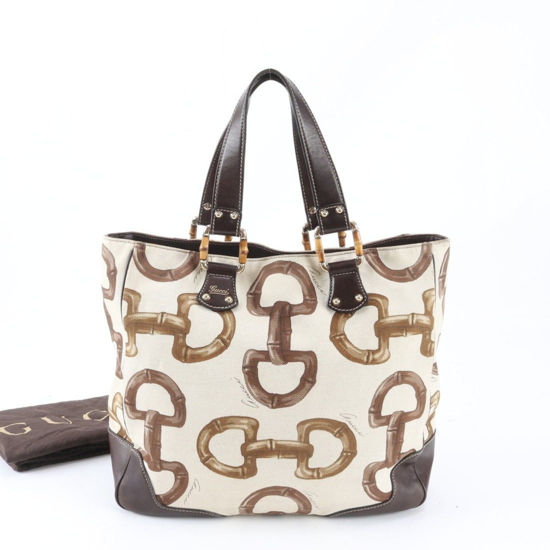 Gucci Bamboo Horsebit Pattern 154375 Leather Tote Bag Handbag Shoulder for Women: --- Catalog ---Category: SizeSize (HxWxD): 30cm x 35cm x 12cm / 11.81'' x 13.77'' x 4.72''Category: DesignType: Handbag, Shoulder bag, Tote bagColor: Brown, IvoryGender: WomenMaterial: Leather , Canva