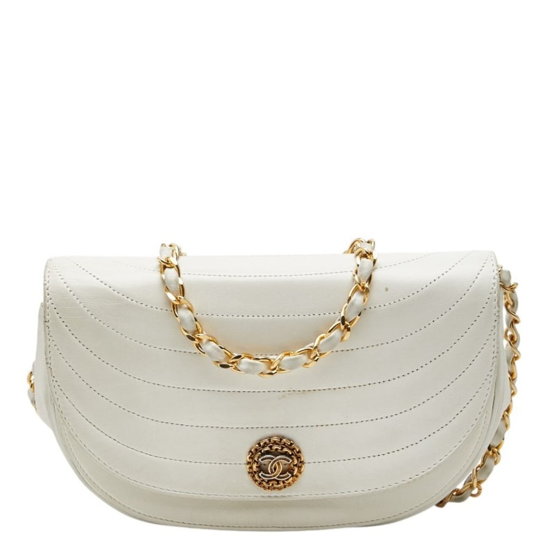 Chanel Coco Mark Half Moon Chain Shoulder Bag, White Lambskin, Women's CHANEL: --- Catalog ---Category: SizeSize (HxWxD): 13cm x 20.5cm x 4.5cm / 5.11'' x 8.07'' x 1.77''Category: DesignType: Shoulder bagColor: WhiteGender: WomenMaterial: Leather Leather/Fur Type: LambskinCatego
