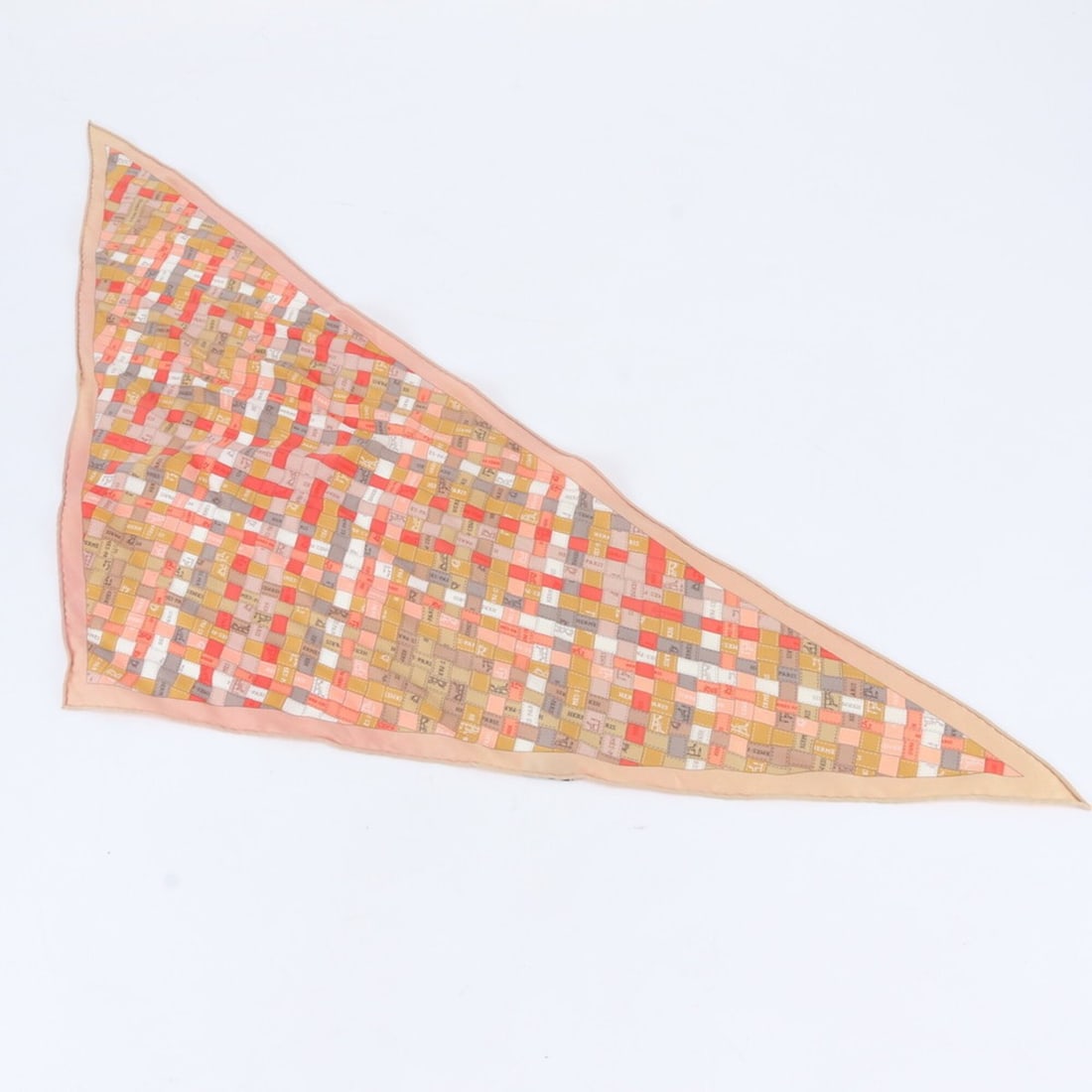 Hermes tagged Losange Bolduc pattern 100% silk triangle scarf muffler for women: --- Catalog ---Category: SizeSize (LxW): 49cm x 1.11m / 19.29'' x 43.7''Category: DesignType: ScarfColor: Multi-colorGender: WomenMaterial: Silk Category: GeneralBrand: HermesCountry of Origin: France