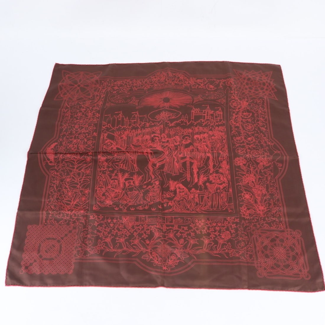Hermes, with tags, 90 Cavalcade de Mai (May Cavalry Procession) 100% Silk Scarf, Muffler, Stole,: --- Catalog ---Category: SizeSize (LxW): 88cm x 89cm / 34.64'' x 35.03''Category: DesignType: ScarfColor: Brown, Red colorGender: WomenMaterial: Silk Category: GeneralBrand: HermesCountry of Origin: F