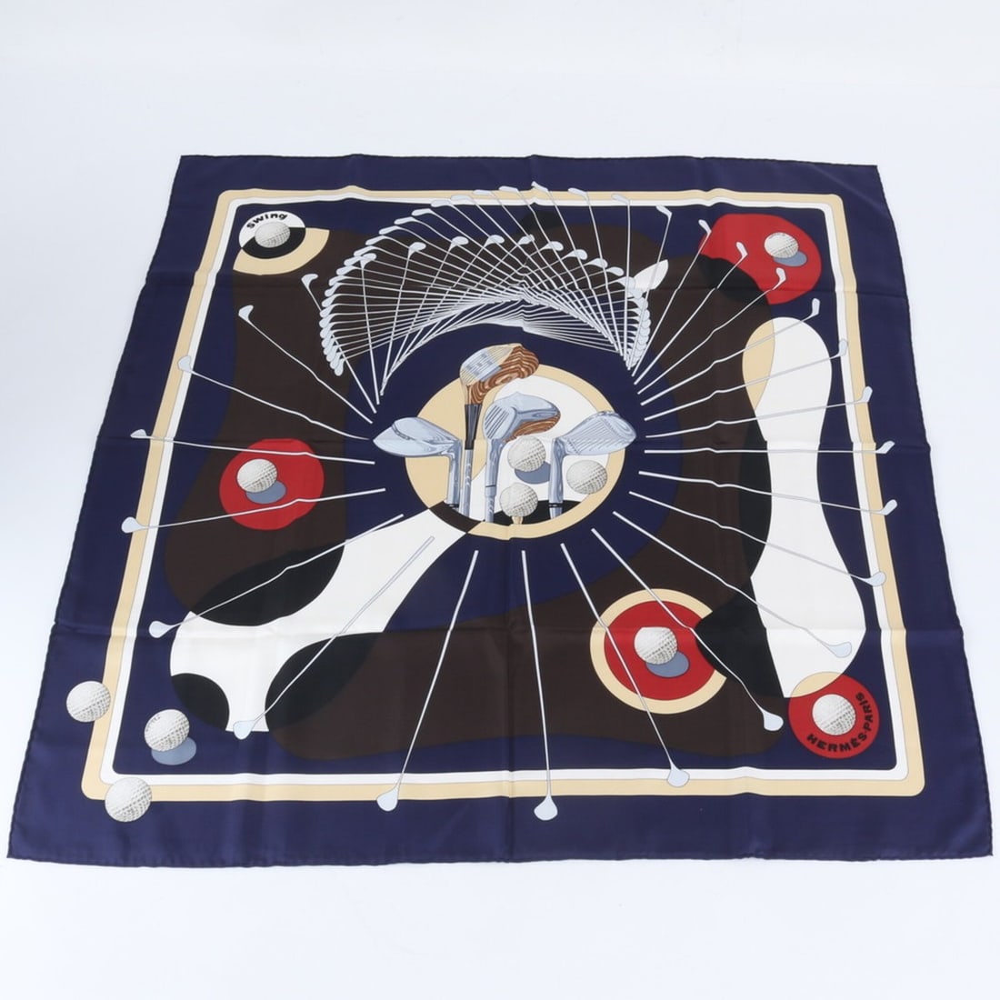 Hermes Carre 90 SWING Golf Club Scarf (with tag) - 100% Silk Women's Scarf/Muffler: --- Catalog ---Category: SizeSize (LxW): 90cm x 89cm / 35.43'' x 35.03''Category: DesignType: ScarfColor: NavyGender: WomenMaterial: Silk Category: GeneralBrand: HermesCountry of Origin: France--- Ite