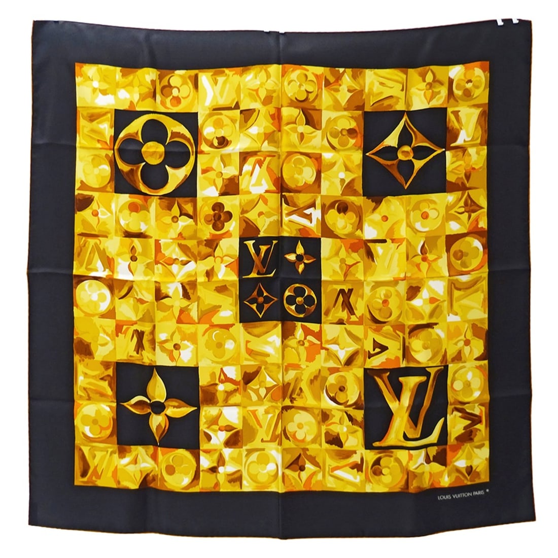 Louis Vuitton LOUIS VUITTON scarf muffler for women, brand name Carre Au fil du temps ("The Flow of: --- Catalog ---Category: SizeSize (LxW): 86.5cm x 86.5cm / 34.05'' x 34.05''Category: DesignType: ScarfColor: Black, Monogram, YellowGender: WomenMaterial: Silk Category: GeneralBrand: Louis VuittonCo