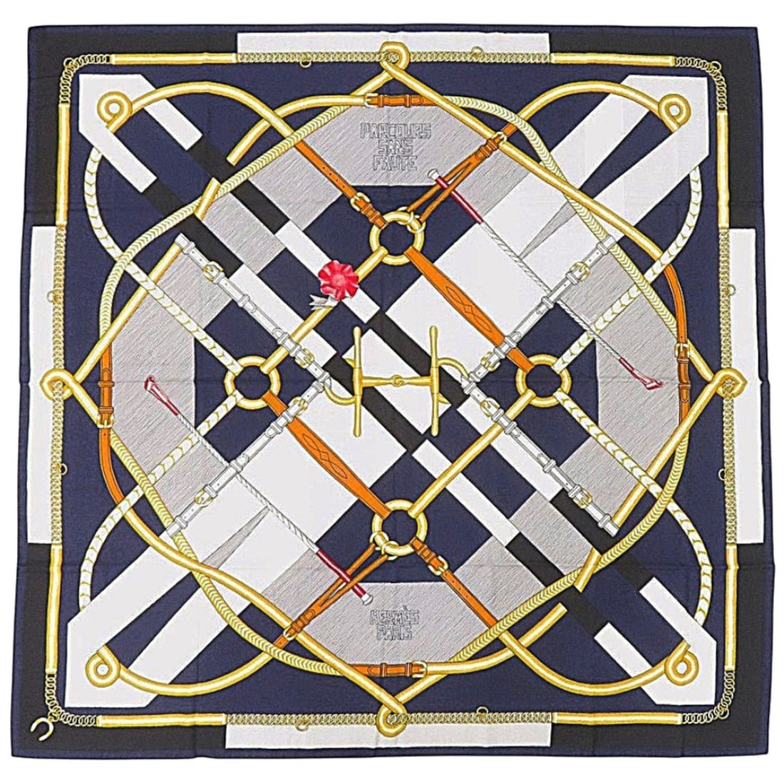 Hermes Carre 140 Parcours Sans Faute (Perfect Course) 242992S Cashmere Silk Marine Scarf/Muffler: --- Catalog ---Category: SizeSize (LxW): 1.34m x 1.34m / 52.75'' x 52.75''Category: DesignType: ScarfColor: Blue, Gold, WhiteGender: WomenMaterial: Cashmere , Silk Category: GeneralMPN: 242992SBrand: 