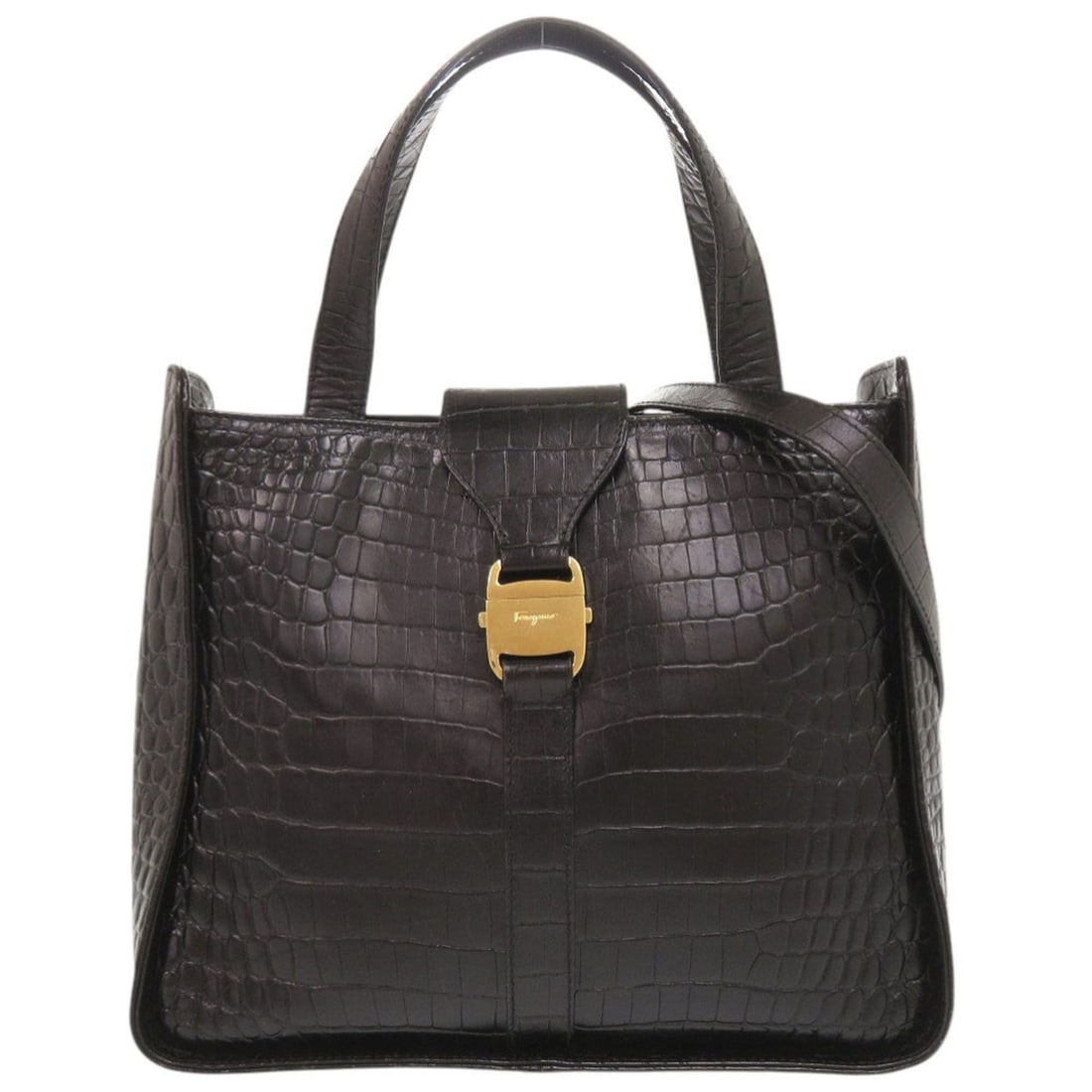 Salvatore Ferragamo Embossed Leather Black 2-Way Handbag/Shoulder Bag 1272Salvatore: --- Catalog ---Category: SizeSize (HxWxD): 21cm x 24.5cm x 8.5cm / 8.26'' x 9.64'' x 3.34''Category: DesignType: Handbag, Shoulder bagColor: BlackGender: WomenMaterial: Leather Leather/Fur Type: Embos