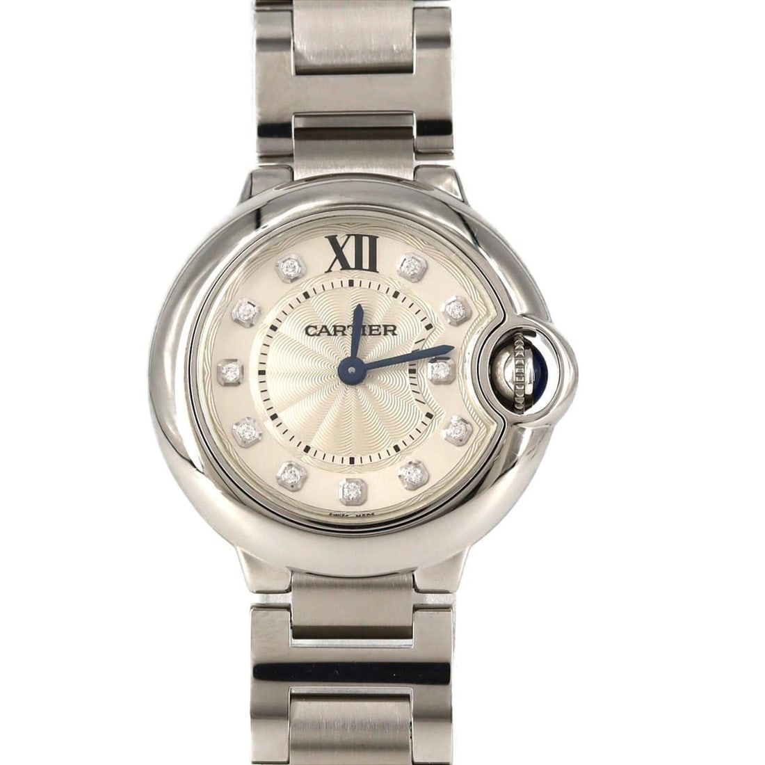 Cartier Ballon Bleu SM 11P WE902073 SS Quartz Watch: --- Catalog ---Category: SizeWrist Size: 16cm / 6.29''Case Diameter: 28mm / 1.1''Category: DesignType: WristwatchGender: WomenColor (Dial): SilverMaterial (Band): Stainless steelMaterial (Case): Stain