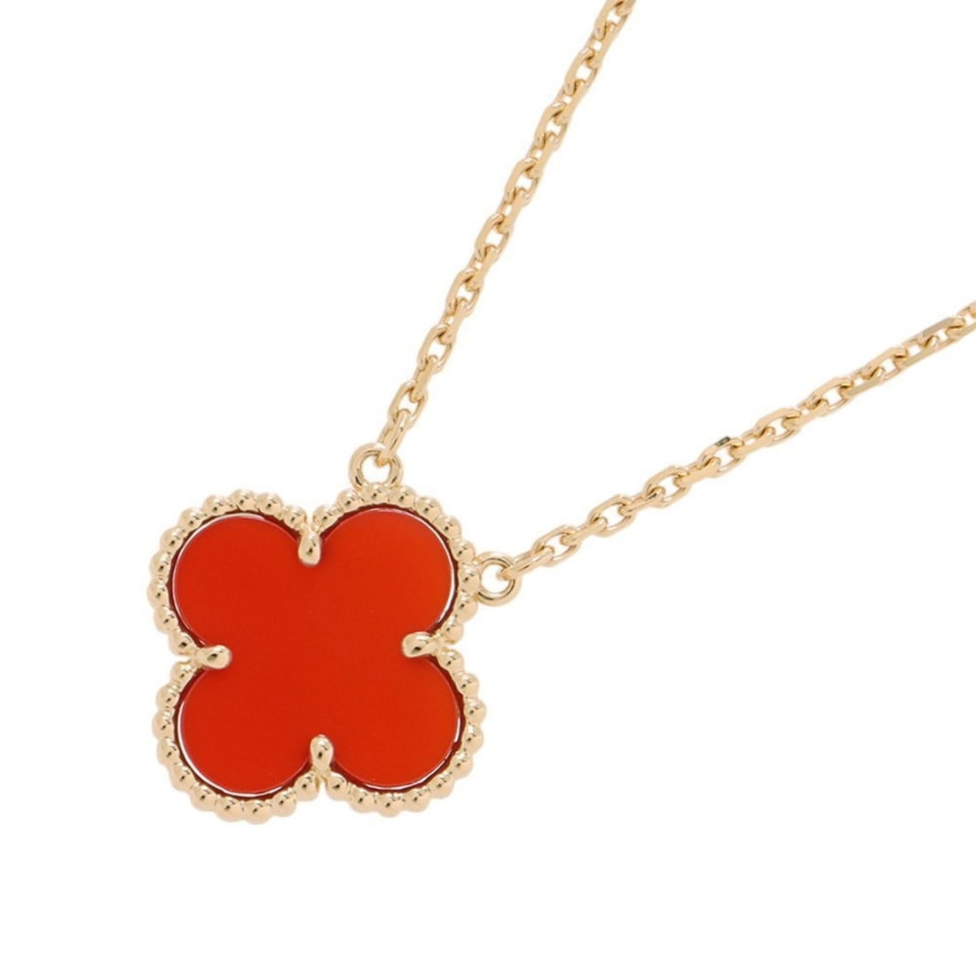 Van Cleef & Arpels Alhambra Pendant Necklace, Carnelian, 18K Yellow Gold (VCARD38500): --- Catalog ---Category: SizePendant Size: 14.8mm x 14.8mm / 0.58'' x 0.58''Neck Circumference: 37.5 cm - 42 cm / 14.76'' - 16.53''Category: DesignColor: Yellow goldStone: CarnelianGender: WomenMateri