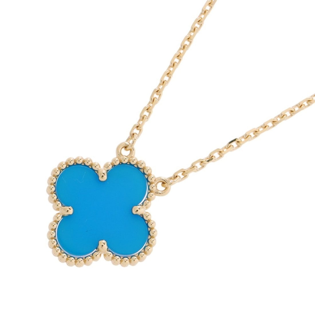 Van Cleef & Arpels Alhambra Necklace Pendant Blue Agate 18K Yellow Gold VCARP9SY00: --- Catalog ---Category: SizePendant Size: 15.1mm x 15.1mm / 0.59'' x 0.59''Neck Circumference: 37.5 cm - 42 cm / 14.76'' - 16.53''Category: DesignColor: Yellow goldGender: WomenMaterial: Yellow gold 