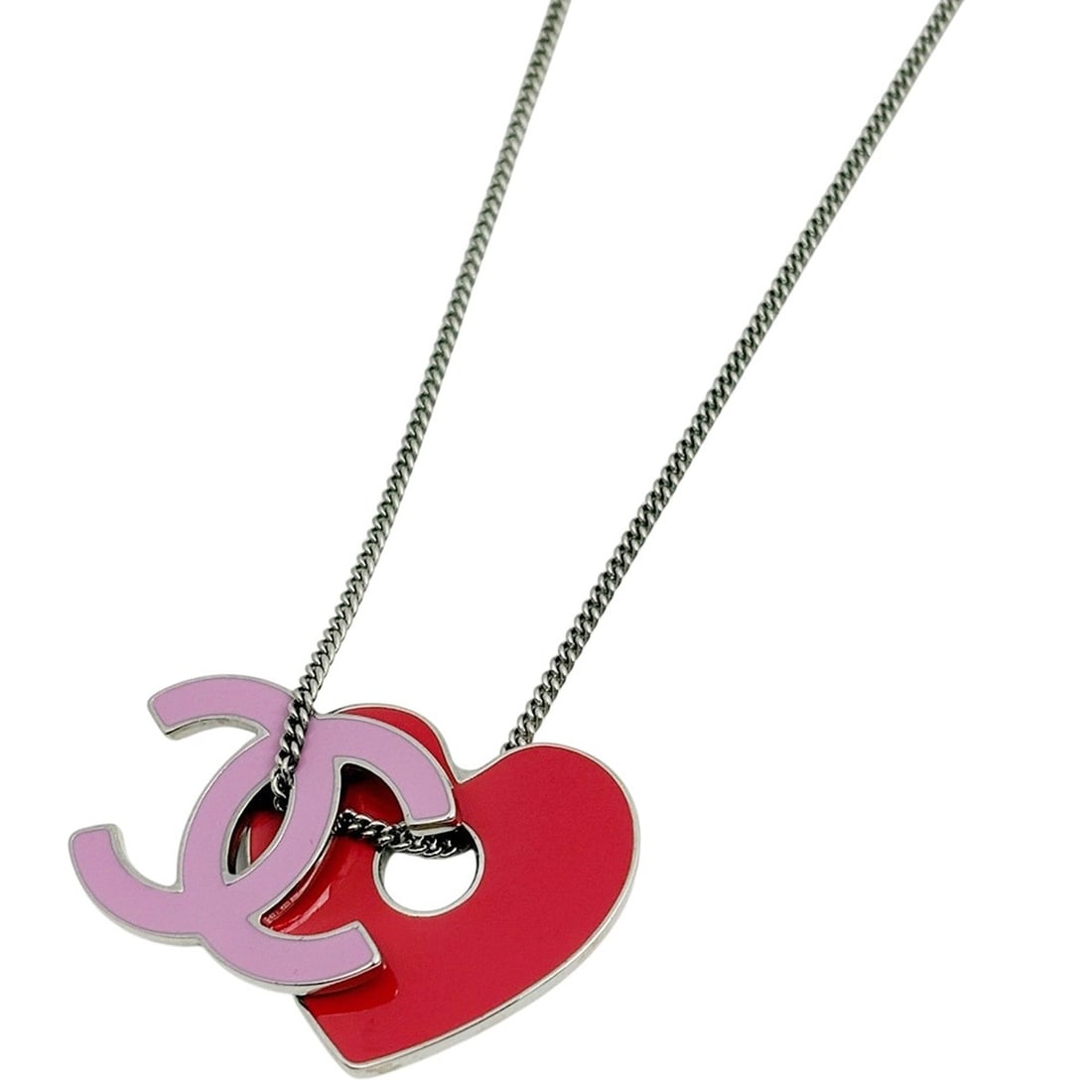Chanel Coco Mark Necklace, Heart Design, Silver Plated, Pink and Red, Women's: --- Catalog ---Category: SizePendant Size: 27mm x 26mm / 1.06'' x 1.02''Neck Circumference: 60 cm / 23.62''Category: DesignColor: Pink, Red colorGender: WomenMaterial: SilverNecklace Type: NecklaceCat