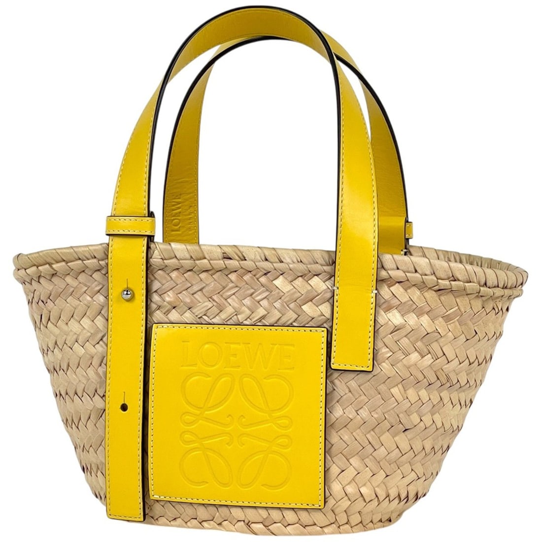 Loewe LOEWE Basket Bag Anagram Palm Leaf Tote Leather Natural Yellow Women's: --- Catalog ---Category: SizeSize (HxWxD): 17cm x 19cm x 11cm / 6.69'' x 7.48'' x 4.33''Category: DesignType: Basket, Tote bagColor: YellowGender: WomenMaterial: Leather Category: GeneralBrand: Loewe-
