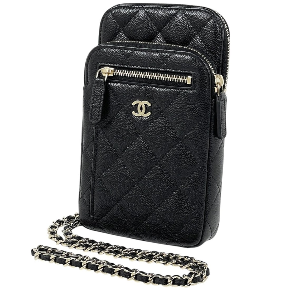 Chanel Coco Mark Chain Shoulder Bag Phone Case Caviar Leather Black Women's: --- Catalog ---Category: SizeSize (HxWxD): 18cm x 10.5cm x 3cm / 7.08'' x 4.13'' x 1.18''Category: DesignType: Shoulder bagColor: BlackGender: WomenMaterial: Grained Calfskin Category: GeneralBrand: C