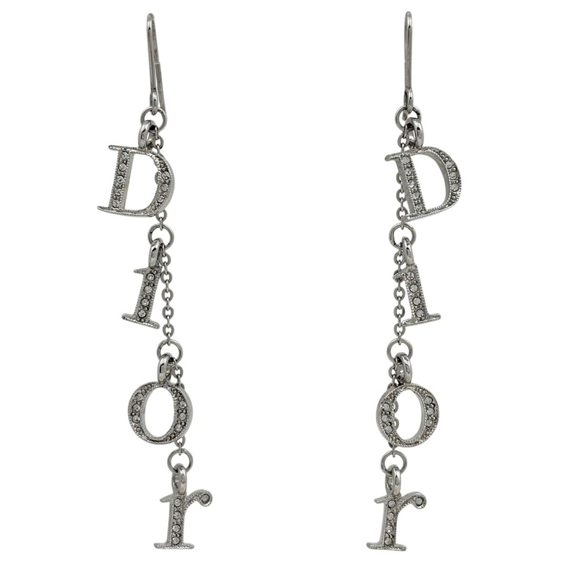 Christian Dior logo rhinestone dangle earrings, silver plated, silver, women's.: --- Catalog ---Category: DesignType: Stud earringsColor: SilverGender: WomenMaterial: Gold plating, SilverCategory: GeneralBrand: Christian Dior--- Item List ---Section: ConditionRanking: Rank AB Used