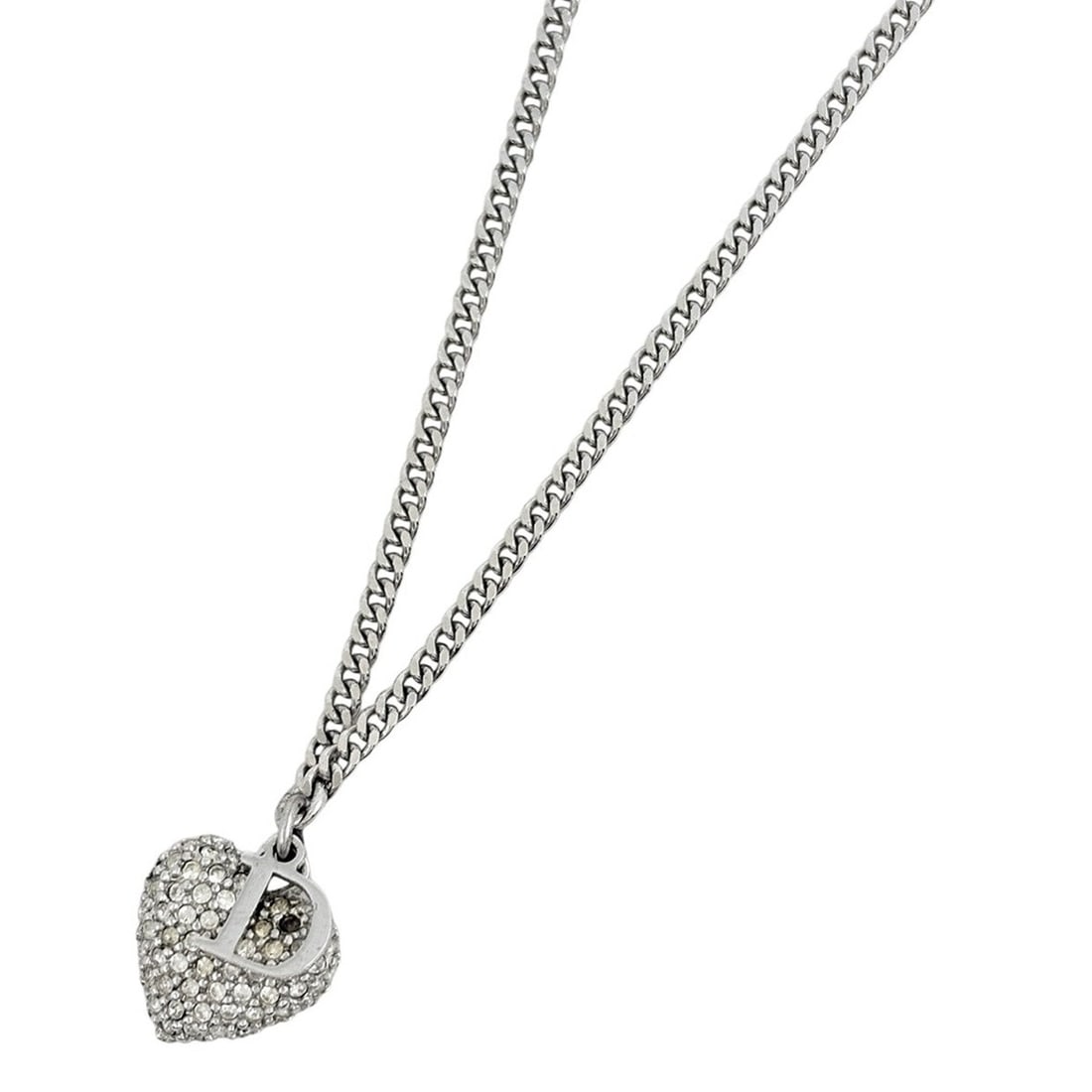 Christian Dior logo rhinestone necklace, clover design, silver plated, silver, women's.: --- Catalog ---Category: SizePendant Size: 1.4mm x 1.2mm / 0.05'' x 0.04''Neck Circumference: 47 cm / 18.5''Category: DesignColor: SilverGender: WomenMaterial: Gold plating, SilverNecklace Type: Neckl
