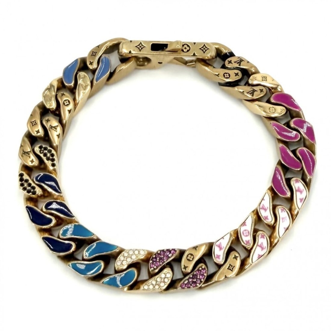 Louis Vuitton Monogram Bracelet Chain Links Patches Strass Accessory for Men, Size L, LOUIS VUITTON: --- Catalog ---Category: SizeLength: 18cm / 7.08''Category: DesignType: Charm braceletColor: Multi-color, WhiteGender: MenColor Grade: LCategory: GeneralMPN: MP2775Brand: Louis Vuitton--- Item List --
