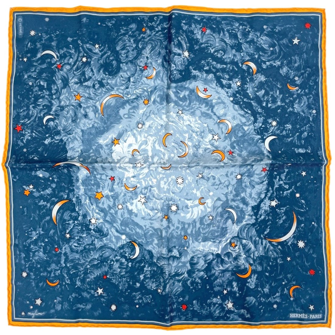 Hermes Petit Carré l'Annee des Etoiles (Age of the Stars) Scarf/Muffler, Silk, Blue/Yellow, Women's: --- Catalog ---Category: SizeSize (LxW): 42cm x 43cm / 16.53'' x 16.92''Category: DesignType: ScarfColor: Blue, YellowGender: WomenMaterial: Silk Category: GeneralBrand: Hermes--- Item List ---Section