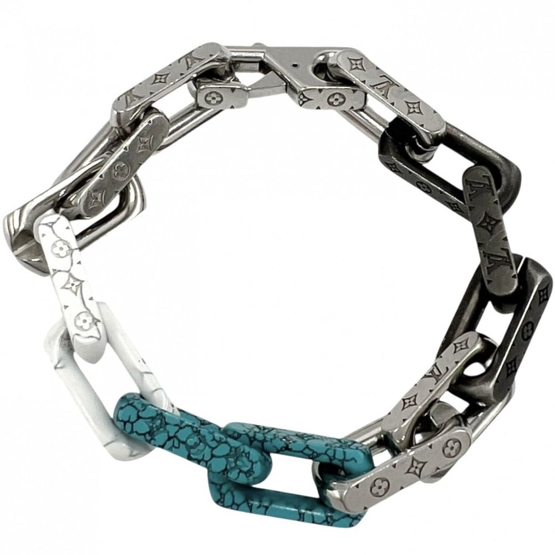 Louis Vuitton Men's Bracelet, Monogram Chain Stone Accessory, White, Black, Silver, Approx. 45.9g: --- Catalog ---Category: SizeLength: 16cm / 6.29''Category: DesignType: Charm braceletColor: Black, Silver, TurquoiseGender: MenCategory: GeneralMPN: M1042MBrand: Louis Vuitton--- Item List ---Section