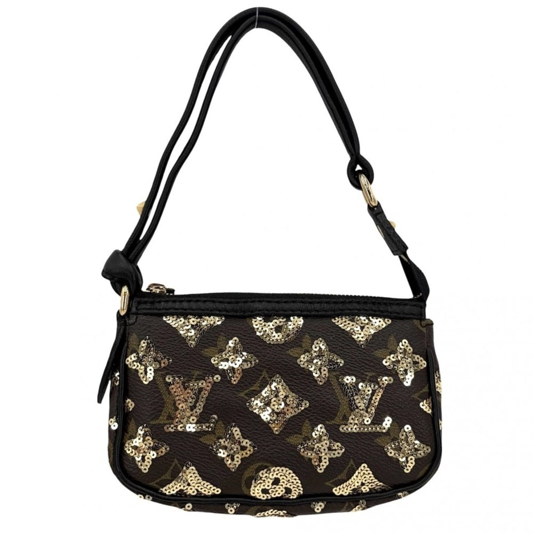 Louis Vuitton handbag for women, Monogram Eclipse, sequined, mini pochette accessory, LOUIS VUITTON: --- Catalog ---Category: SizeSize (HxWxD): 10cm x 15cm x 3cm / 3.93'' x 5.9'' x 1.18''Category: DesignType: HandbagColor: Black, BrownGender: WomenMaterial: Monogram Eclipse , Leather Category: Genera