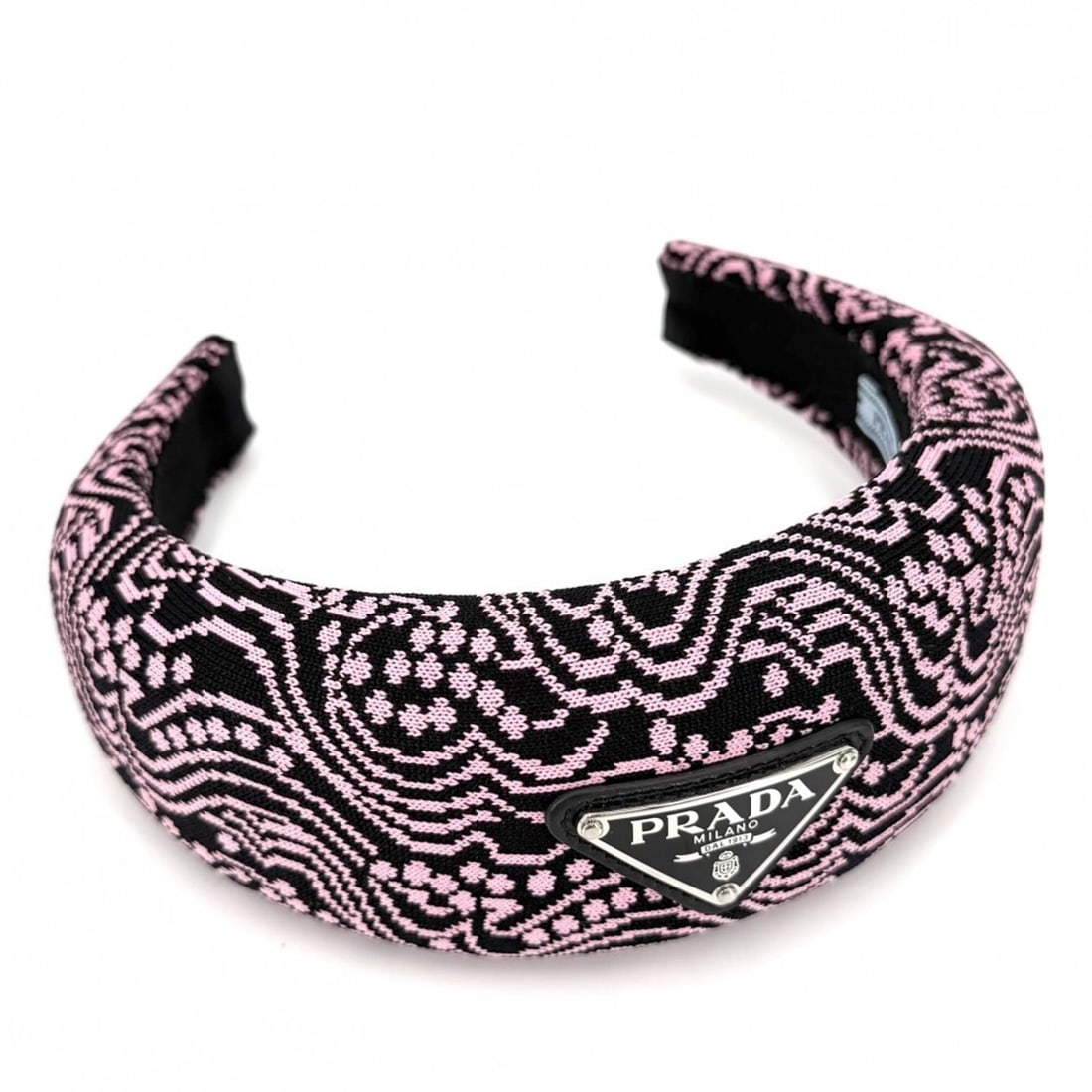 Prada Hair Accessory for Women: Headband/Hairband with Triangle Logo, Canvas, Black, Pink, Silver: --- Catalog ---Category: SizeSize (LxW): 16cm x 17cm / 6.29'' x 6.69''Category: DesignType: Alice bandColor: Black, PinkGender: WomenMaterial: CanvasCategory: GeneralBrand: Prada--- Item List ---Secti