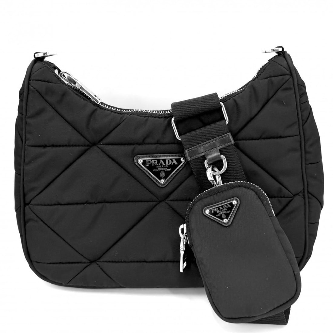Prada Shoulder Bag for Men and Women, Padded Re-Nylon, Bag, Crossbody Triangle Logo, Unisex, PRADA: --- Catalog ---Category: SizeSize (HxWxD): 15cm x 24cm x 6.5cm / 5.9'' x 9.44'' x 2.55''Strap Length: 110cm / 43.3''Category: DesignType: Pouch, Shoulder bagColor: BlackGender: Men,Women,UnisexMateria