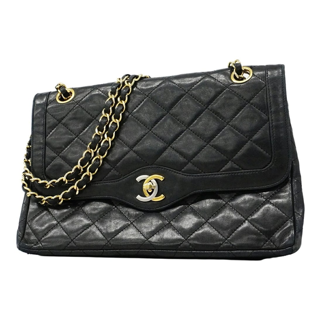 Chanel Matelassé Shoulder Bag, Paris Limited Edition, Double Chain, Lambskin, Black & Gold, Women's: --- Catalog ---Category: SizeSize (HxWxD): 17cm x 26cm x 6.5cm / 6.69'' x 10.23'' x 2.55''Category: DesignType: Shoulder bagColor: BlackGender: WomenMaterial: Leather Hardware Color: Gold, SilverLeath