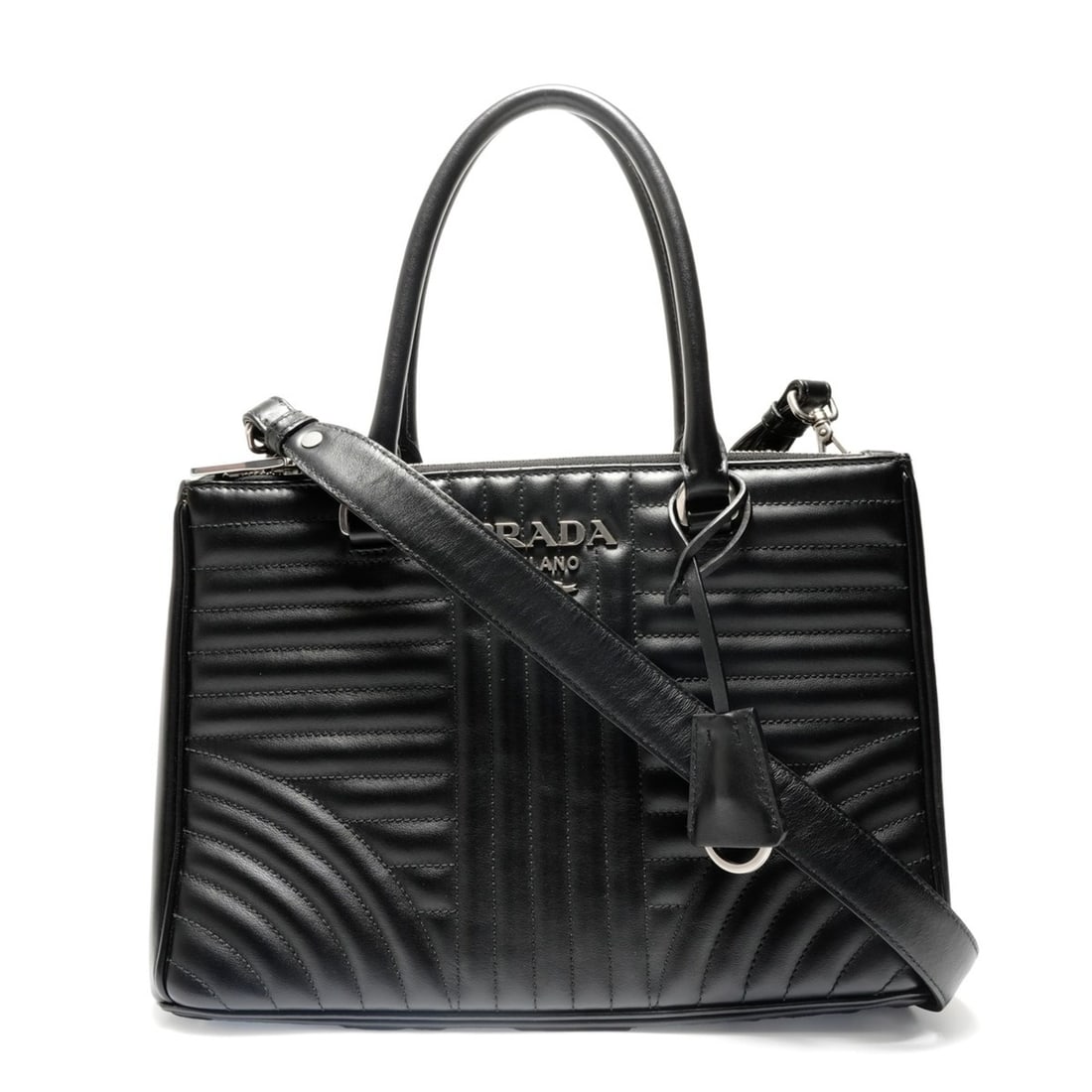 Prada Diagram 2-Way Leather Shoulder Bag, Black: --- Catalog ---Category: SizeSize (HxWxD): 21cm x 27cm x 11cm / 8.26'' x 10.62'' x 4.33''Category: DesignType: Shoulder bagColor: BlackGender: WomenCategory: GeneralBrand: Prada--- Item List
