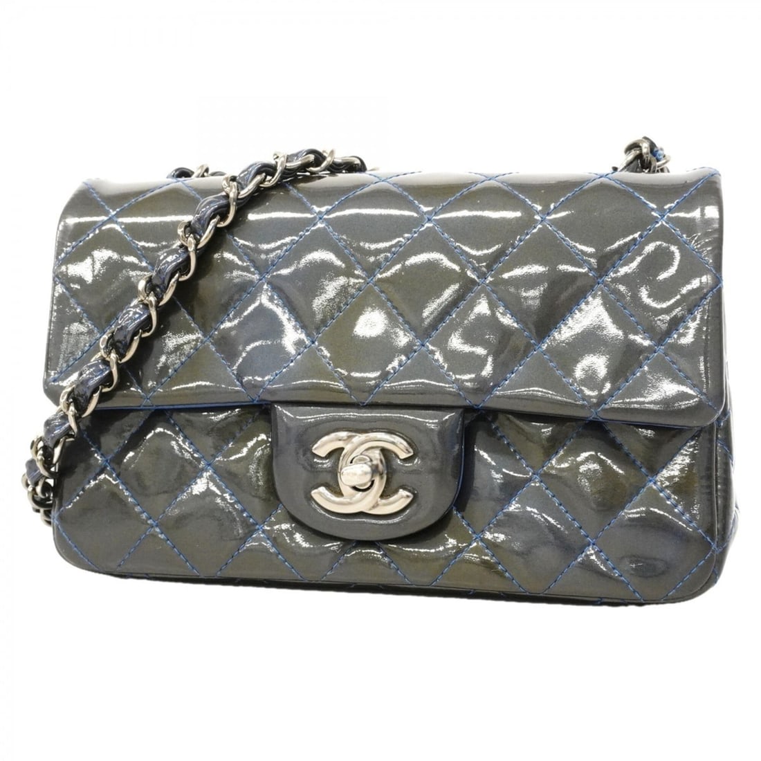 Chanel Mini Matelassé Chain Shoulder Bag, Patent Leather, Gray/Blue, Women's, OP006545: --- Catalog ---Category: SizeSize (HxWxD): 11.5cm x 20cm x 5.5cm / 4.52'' x 7.87'' x 2.16''Category: DesignType: Shoulder bagColor: Blue, GrayGender: WomenMaterial: Patent leather Hardware Color: Silv