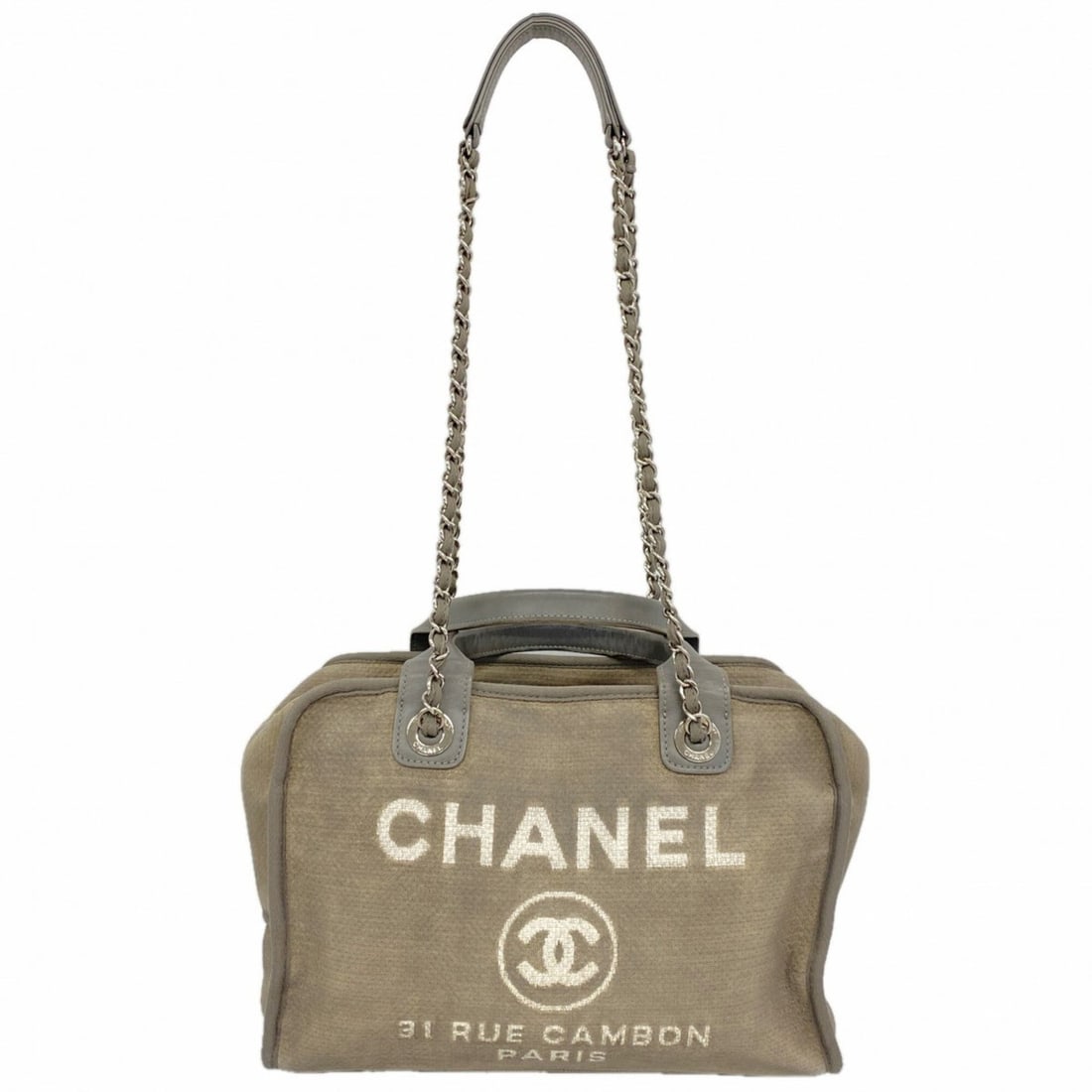 Chanel Deauville Canvas Handbag, Grey, 2-way Bag for Women: --- Catalog ---Category: SizeSize (HxWxD): 25cm x 32.5cm x 12cm / 9.84'' x 12.79'' x 4.72''Category: DesignType: HandbagColor: GrayGender: WomenMaterial: Canvas Hardware Color: SilverCategory: General