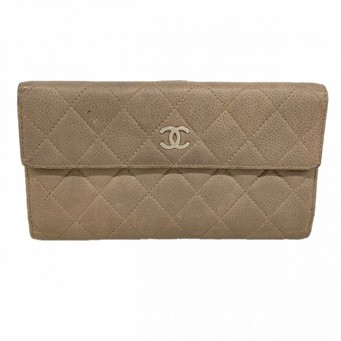 Chanel long wallet, Matelassé caviar leather, beige, women's.: --- Catalog ---Category: SizeSize (HxWxD): 11cm x 19cm x 2cm / 4.33'' x 7.48'' x 0.78''Category: DesignType: Long wallet (bi-fold)Color: BeigeGender: WomenMaterial: Grained Calfskin Category: GeneralB