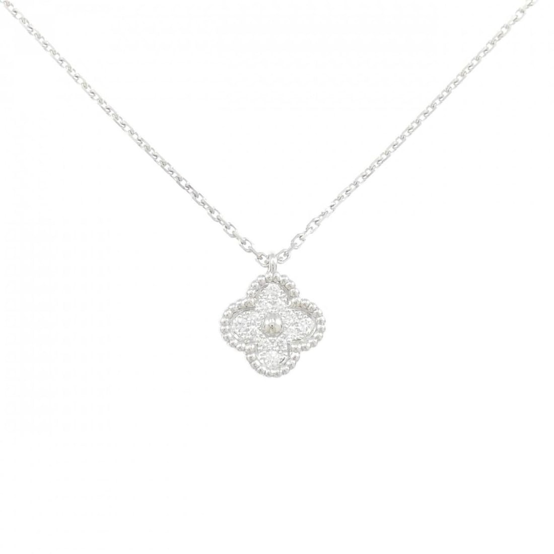 Van Cleef & Arpels Sweet Alhambra Necklace: --- Catalog ---Category: SizePendant Size: 9.3mm x 9.3mm / 0.36'' x 0.36''Neck Circumference: 38 cm - 40 cm / 14.96'' - 15.74''Category: DesignGender: WomenMaterial: White gold (18K)Pendant Type: Pend