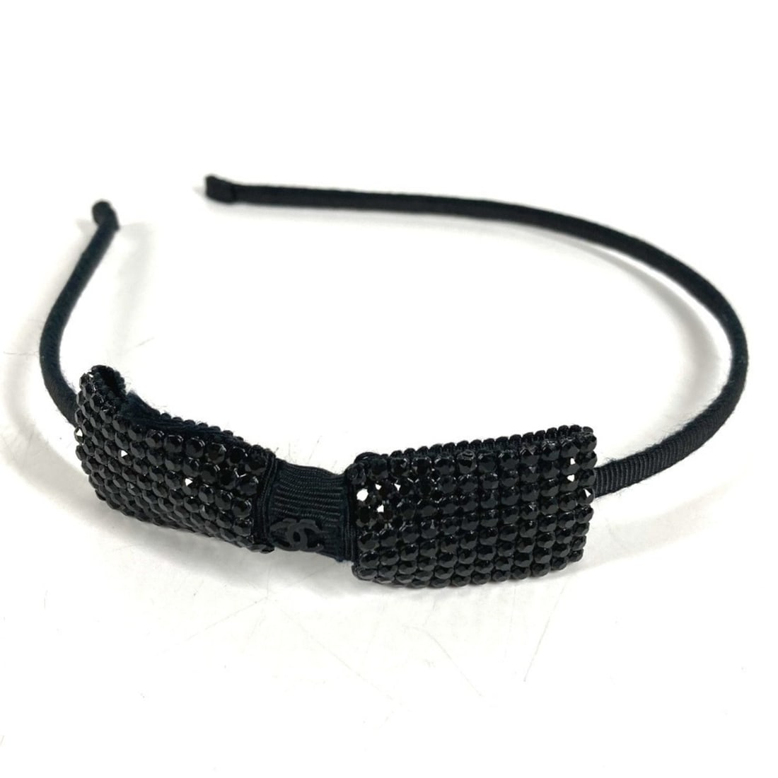 CHANEL 22A Ribbon Logo CC Coco Mark Rhinestone Hair Accessory Headband Hairband Canvas Black Men's (1 of 8)