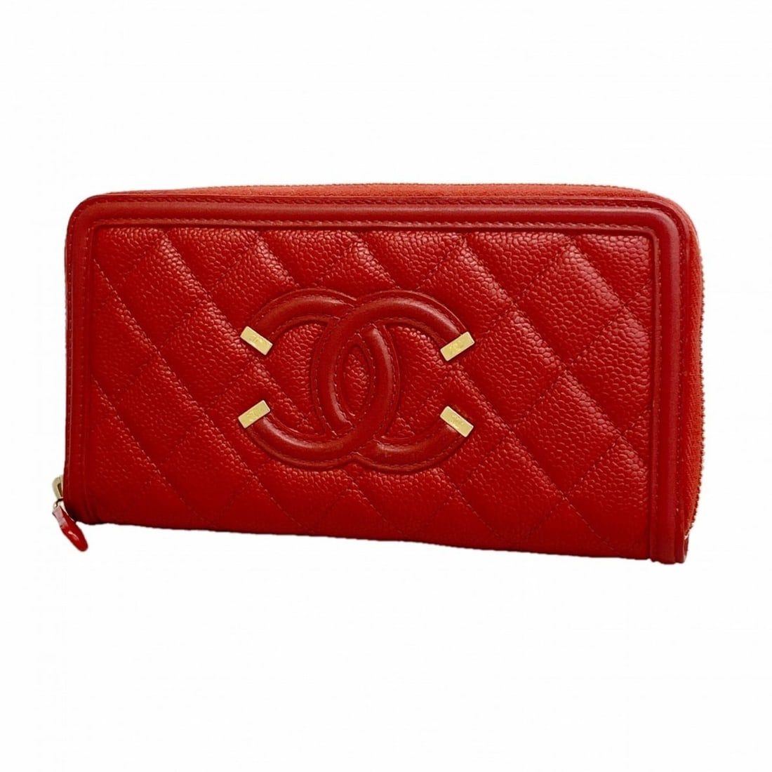 Chanel long wallet, Matelassé filigree caviar leather, red, women's.: --- Catalog ---Category: SizeSize (HxWxD): 10.5cm x 19cm x 2cm / 4.13'' x 7.48'' x 0.78''Category: DesignType: Long wallet (bi-fold)Color: Red colorGender: WomenMaterial: Grained Calfskin Category: Ge