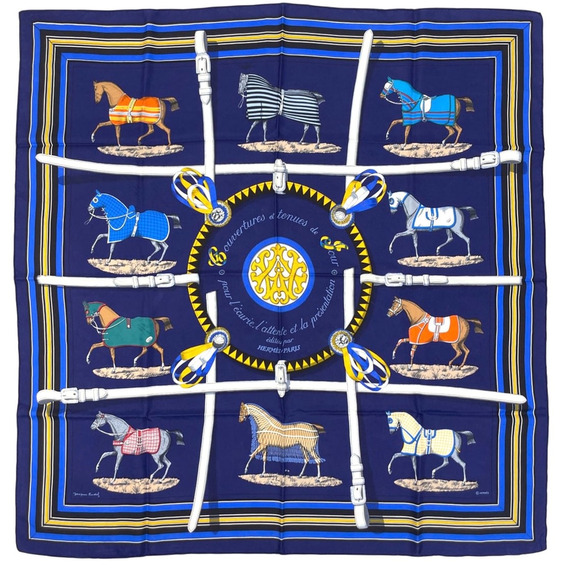 Hermes Carre 90 "Covertures et Tenues de Jour" (Horse Blanket) pattern scarf/muffler, silk, blue,: --- Catalog ---Category: SizeSize (LxW): 89cm x 87cm / 35.03'' x 34.25''Category: DesignType: ScarfColor: Blue, Multi-colorGender: WomenMaterial: Silk Category: GeneralBrand: Hermes--- Item List ---Se