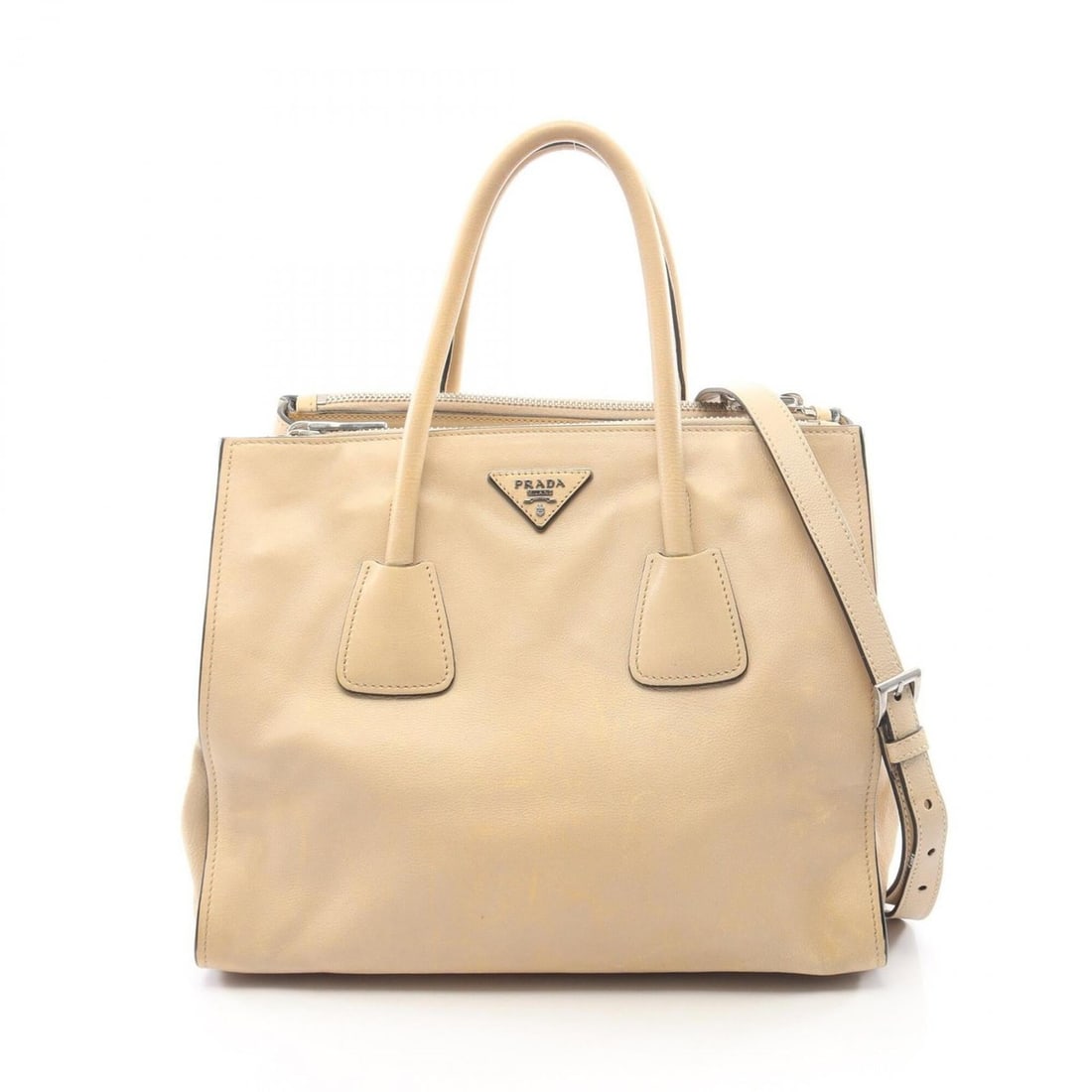 Prada Triangle Logo 2-Way Tote Bag/Handbag, Leather, Women's, Beige (1 of 12)