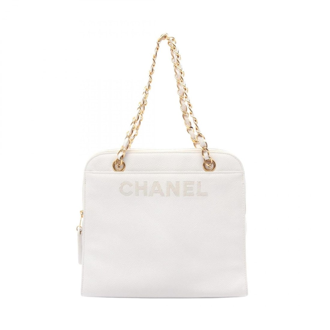 Chanel logo tote bag/handbag, caviar leather (grained calfskin), women's, white.: --- Catalog ---Category: SizeSize (HxWxD): 24cm x 27cm x 8cm / 9.44'' x 10.62'' x 3.14''Category: DesignType: Handbag, Tote bagColor: WhiteGender: WomenMaterial: Grained Calfskin Category: GeneralBran