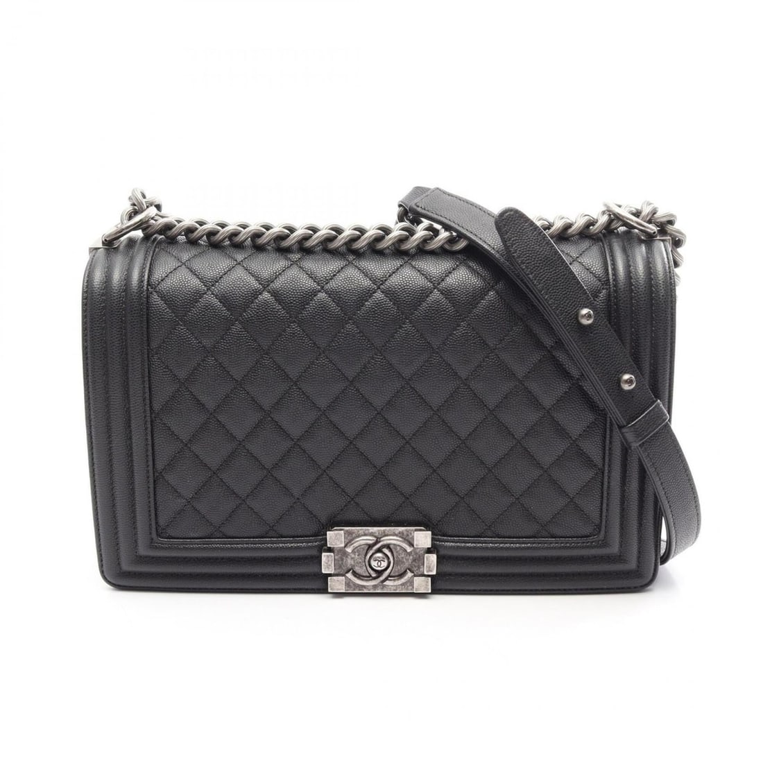 Chanel Boy Large Chevron Shoulder Bag/Handbag, Caviar Leather (Grained Calfskin), Women's, Black,: --- Catalog ---Category: SizeSize (HxWxD): 15cm x 28cm x 7cm / 5.9'' x 11.02'' x 2.75''Category: DesignType: Handbag, Shoulder bagColor: BlackGender: WomenMaterial: Grained Calfskin Category: GeneralM