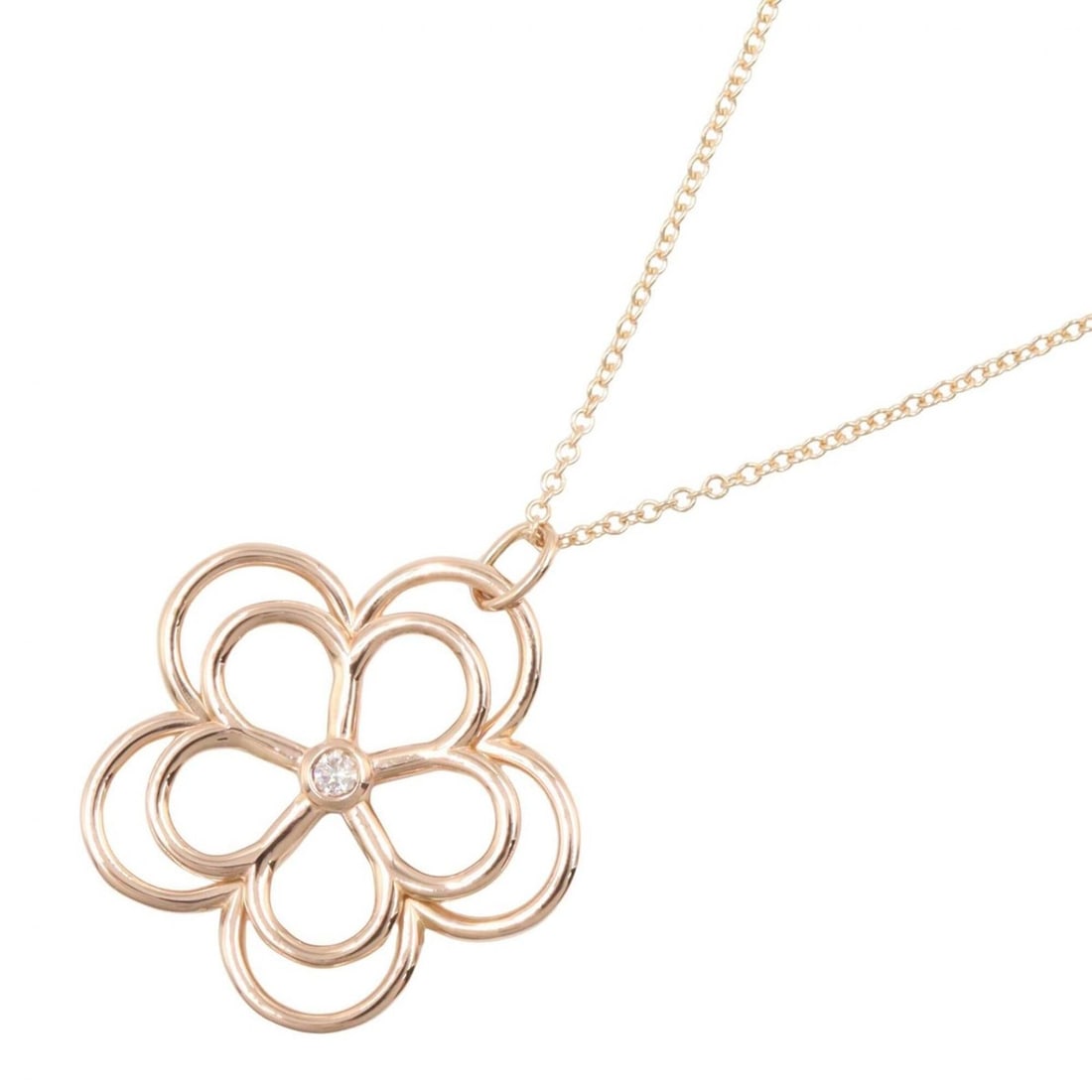 Tiffany & Co. Open Flower 1PD Necklace, 18K Pink Gold (PG) Diamond Women's, Tone, Clear Tone: --- Catalog ---Category: SizePendant Size: 22mm x 22mm / 0.86'' x 0.86''Neck Circumference: 41 cm / 16.14''Category: DesignColor: Clear, GoldStone: DiamondGender: WomenMaterial: Pink gold (18K)Necklac