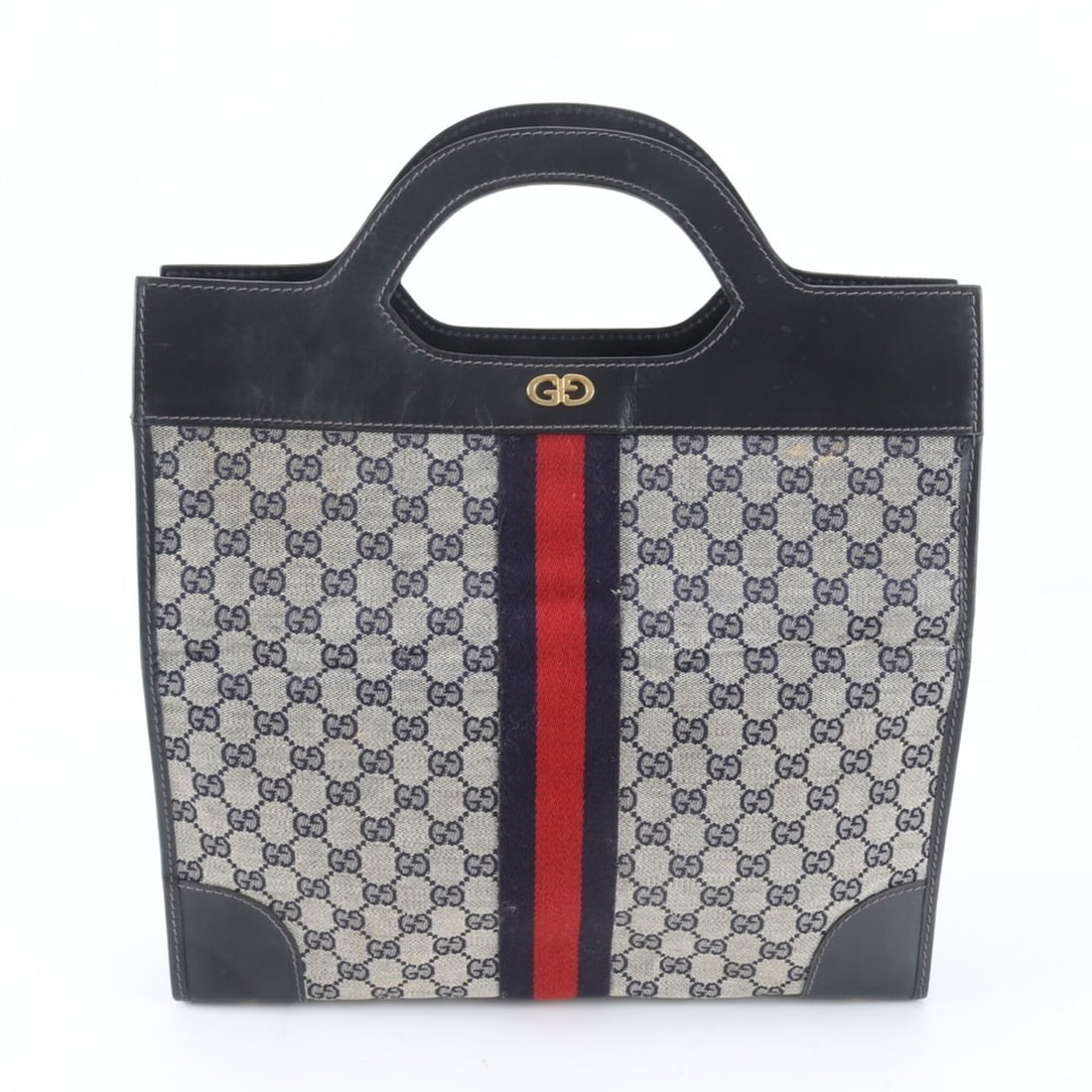 Gucci GG Canvas Leather Handbag Tote Bag Navy Blue Brand Women's: --- Catalog ---Category: SizeSize (HxWxD): 33cm x 35cm x 6cm / 12.99'' x 13.77'' x 2.36''Category: DesignType: Handbag, Tote bagColor: Black, NavyGender: WomenMaterial: Leather , Canvas Category: Gene