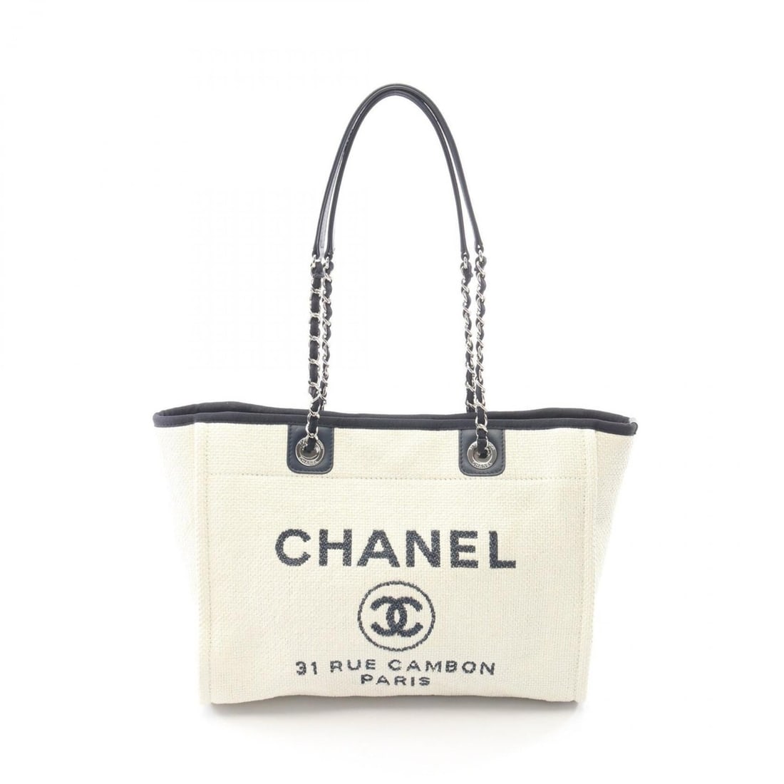 Chanel Deauville Tote Bag Handbag Leather Straw Women's White/Navy A67001: --- Catalog ---Category: SizeSize (HxWxD): 26cm x 35cm x 14cm / 10.23'' x 13.77'' x 5.51''Category: DesignType: Handbag, Tote bagColor: Navy, WhiteGender: WomenMaterial: Leather , Straw Hardware Color