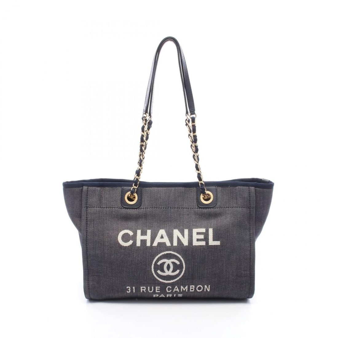 Chanel Deauville Tote Bag Handbag Denim Leather Women's Navy A67001: --- Catalog ---Category: SizeSize (HxWxD): 26cm x 35cm x 14cm / 10.23'' x 13.77'' x 5.51''Category: DesignType: Handbag, Tote bagColor: NavyGender: WomenMaterial: Denim , Leather Hardware Color: GoldC