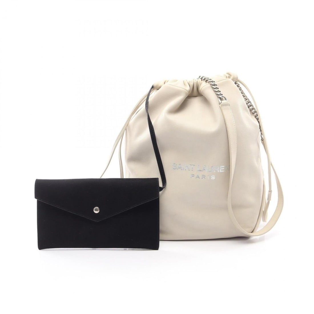 Yves Saint Laurent Saint Laurent Paris TEDDY Handbag with Pouch, Drawstring Shoulder Bag, Leather,: --- Catalog ---Category: SizeSize (HxWxD): 30cm x 19cm x 18cm / 11.81'' x 7.48'' x 7.08''Category: DesignType: Handbag, Pouch, Shoulder bagColor: IvoryGender: WomenMaterial: Leather Category: GeneralB