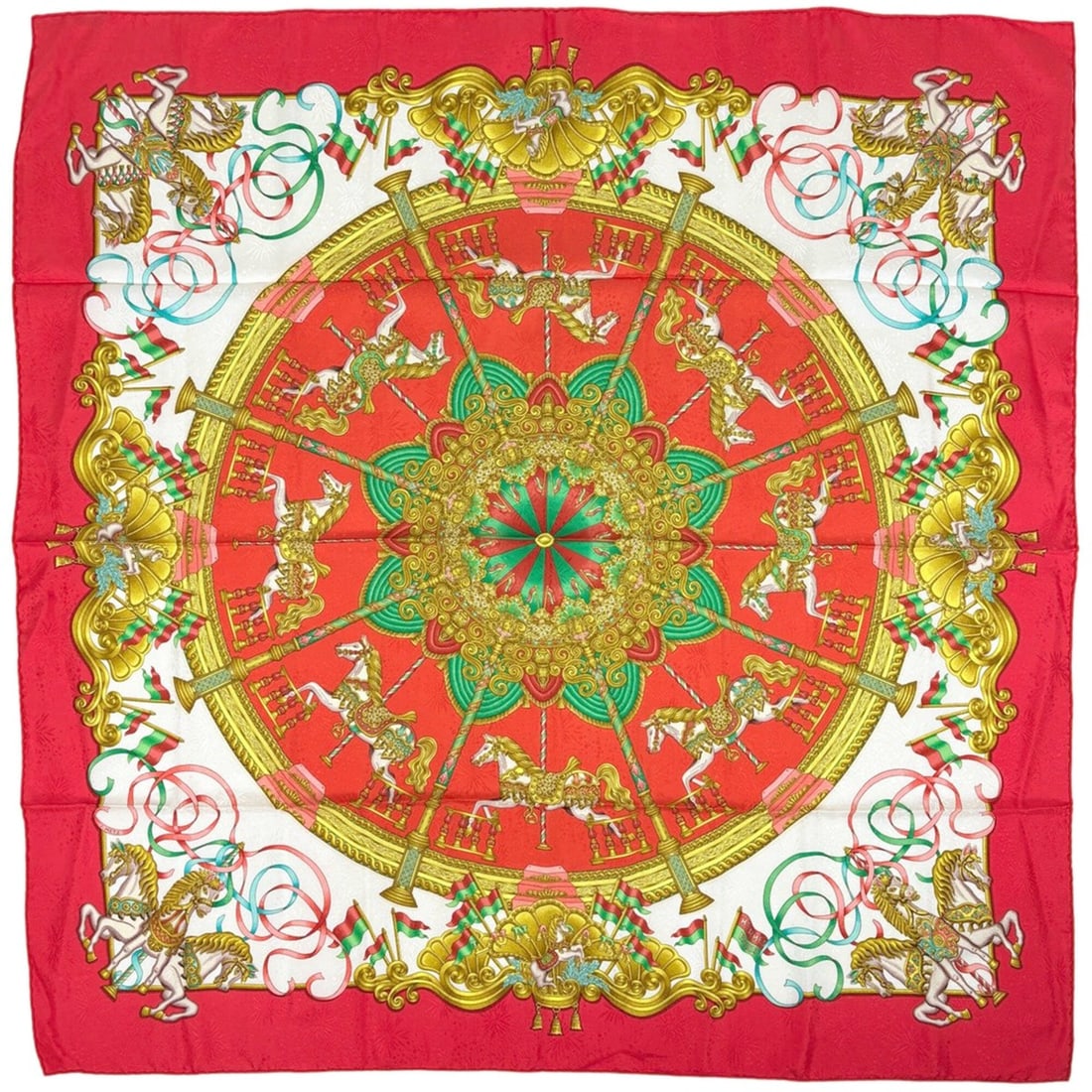 Hermes Carre 90 Luna Park Amusement Horse Carousel Merry-go-round Scarf Muffler Silk Red Multicolor: --- Catalog ---Category: SizeSize (LxW): 88cm x 90cm / 34.64'' x 35.43''Category: DesignType: ScarfColor: Multi-color, Red colorGender: WomenMaterial: Silk Category: GeneralBrand: Hermes--- Item List 