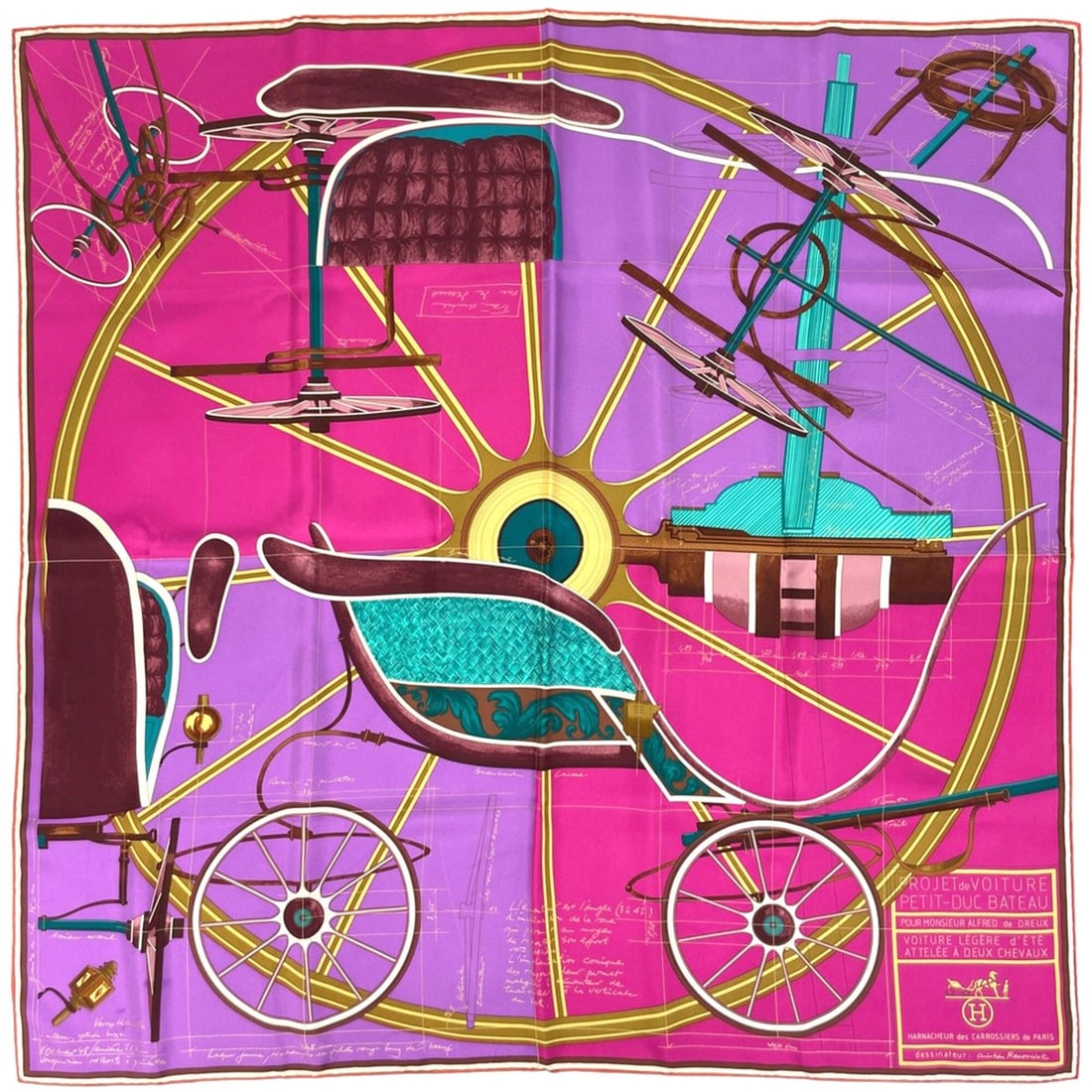 Hermes Carre 90 PROJET de VOITURE PETIT-DUC BATEAU Carriage Scarf Muffler Silk Purple Multicolor: --- Catalog ---Category: SizeSize (LxW): 88cm x 87cm / 34.64'' x 34.25''Category: DesignType: ScarfColor: Multi-color, PurpleGender: WomenMaterial: Silk Category: GeneralBrand: Hermes--- Item List ---